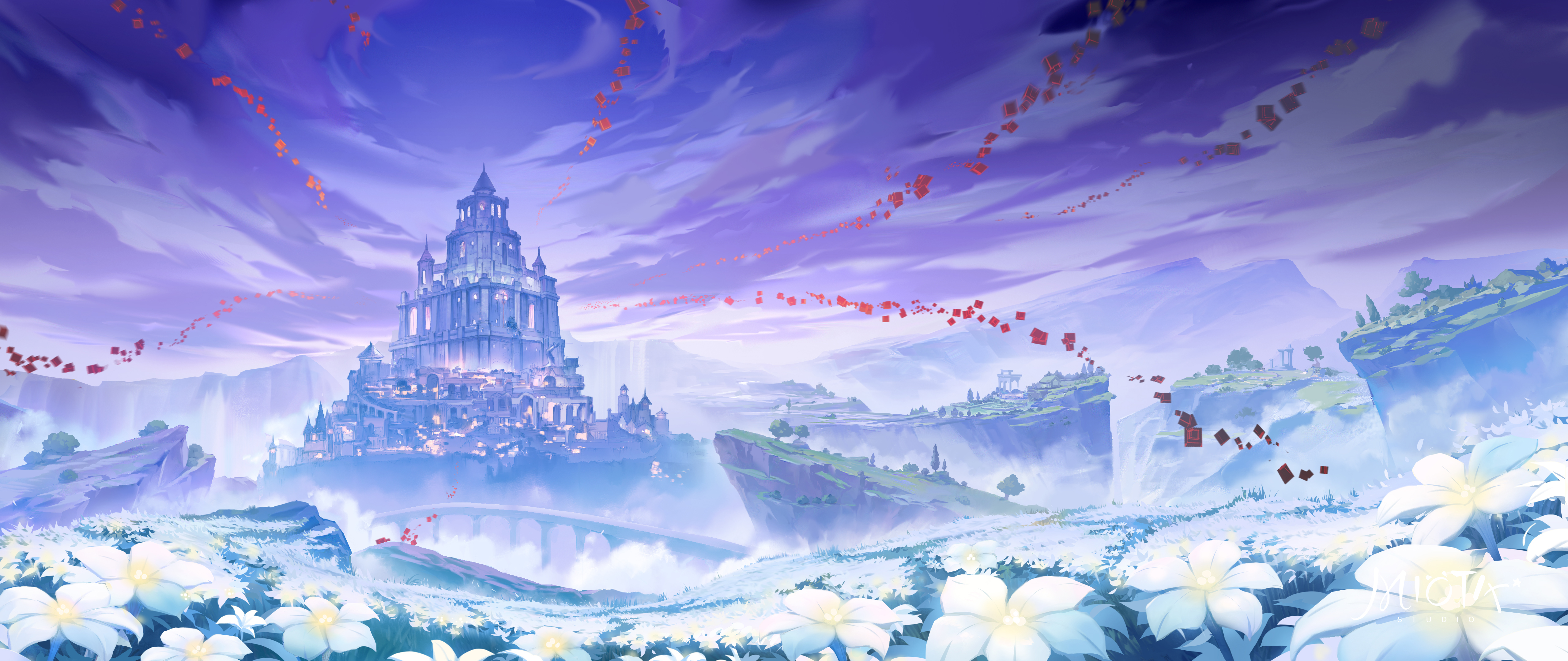 Anime 5120x2160 Genshin Impact artwork field castle flowers cliff miotix