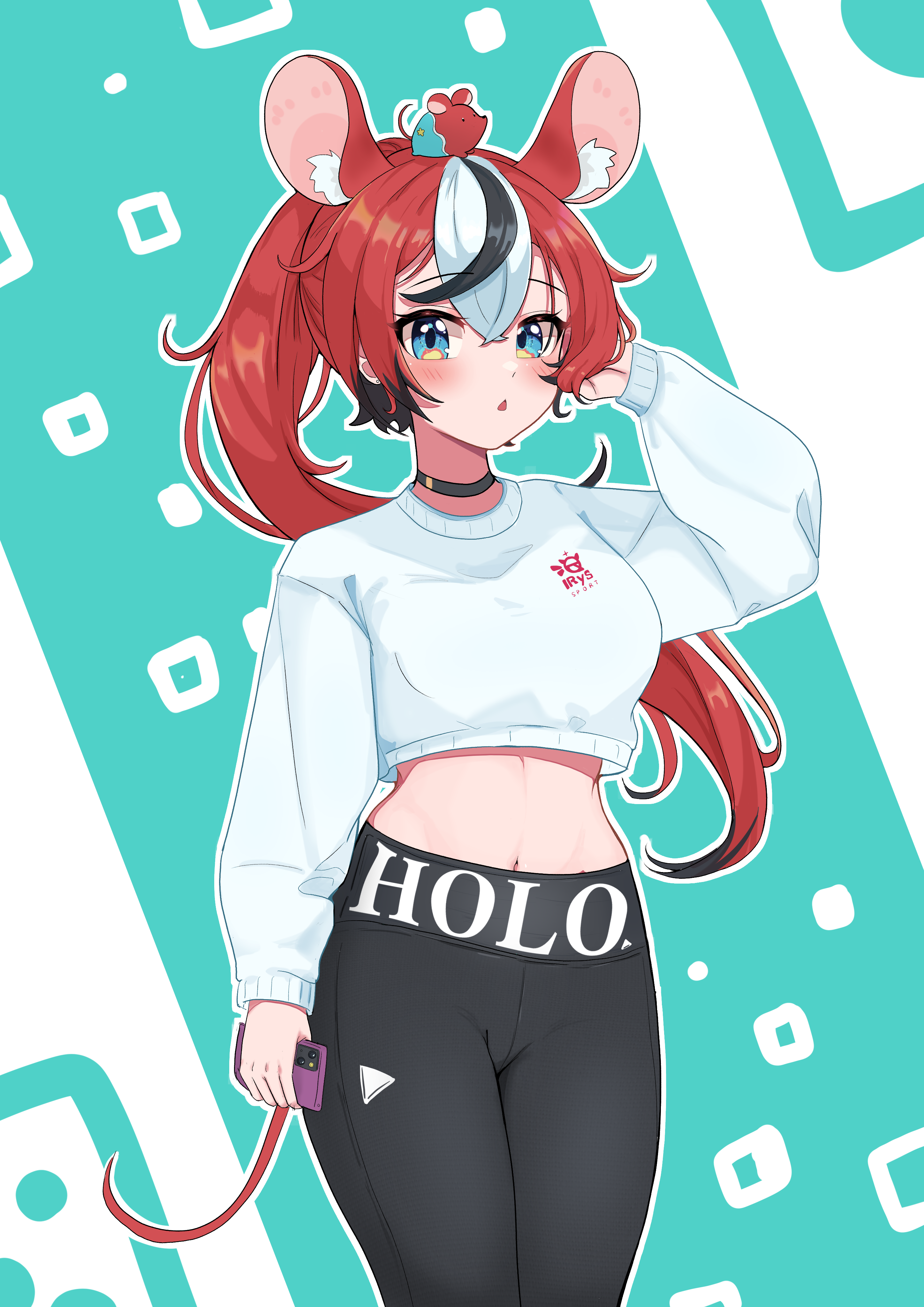Anime 2894x4093 anime anime girls digital art 2D artwork petite looking at viewer portrait portrait display Pixiv belly belly button crop top touching hair arms up Hakos Baelz Virtual Youtuber yoga pants animal ears two tone hair Hololive