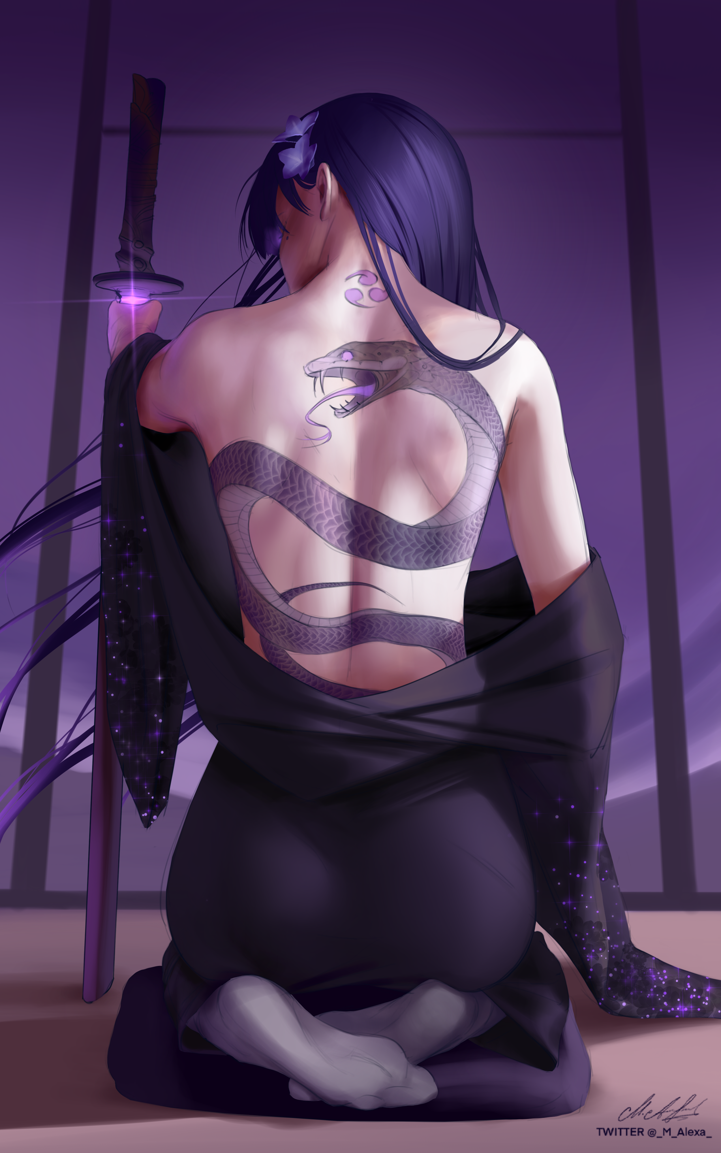 Anime 2500x4000 M-Alexa bareback tattoo bare shoulders Raiden Shogun (Genshin Impact) purple clothing women with swords