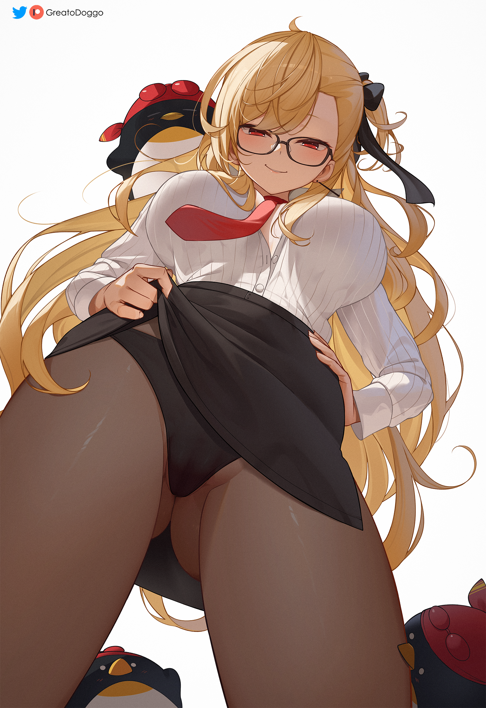 Anime 1559x2273 Hololive Kaela Kovalskia Virtual Youtuber blonde portrait display pantyhose looking at viewer red eyes black pantyhose miniskirt black underwear panties black panties underwear closed mouth lifting skirt worm's eye view necktie red tie simple background glasses white background black miniskirt low-angle hands on hips blushing long sleeves standing smiling unbuttoned GreatoDoggo thighs white shirt long hair anime girls butt fangs