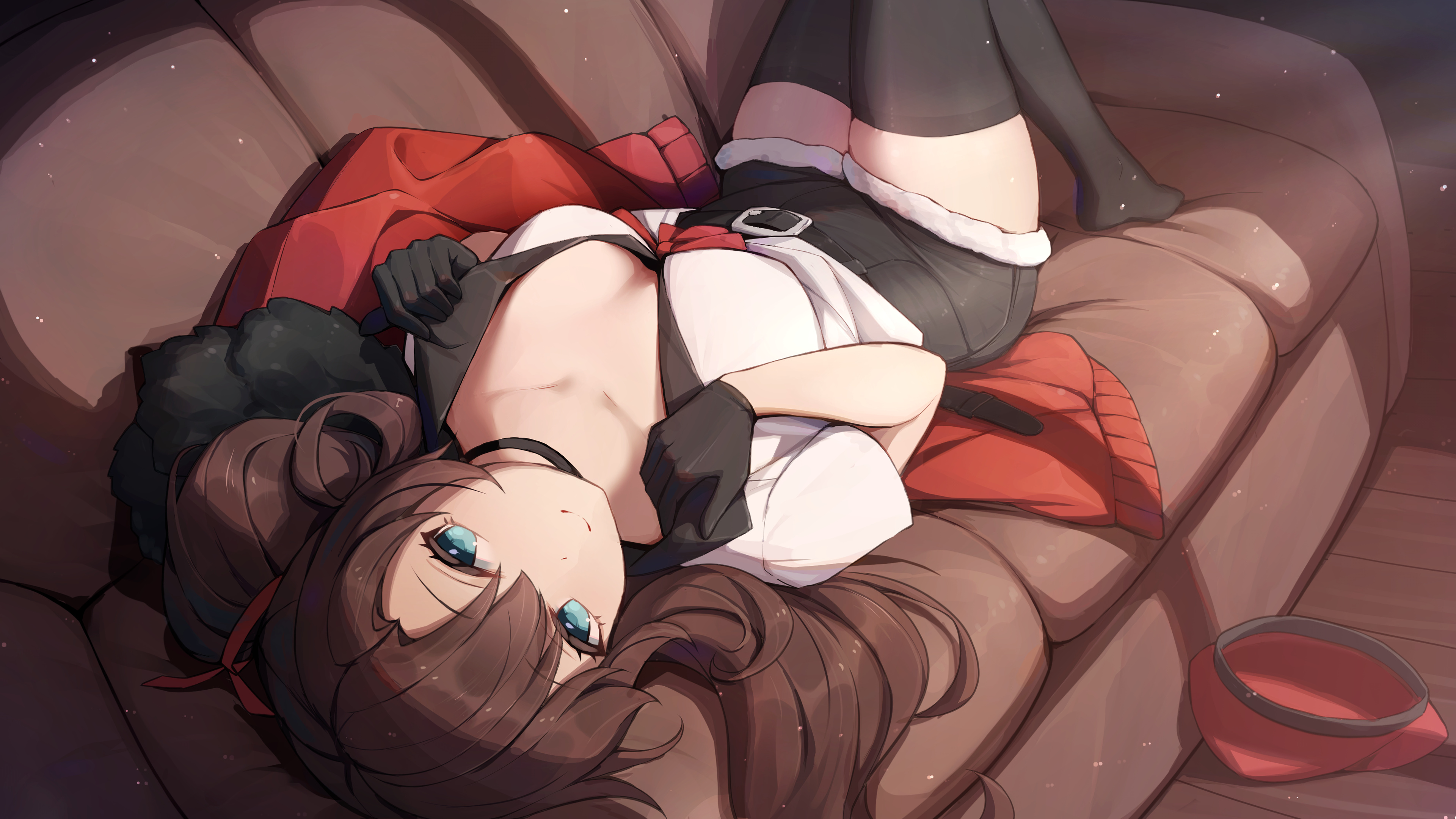 Anime 3840x2160 Girls Frontline lying down lying on back cleavage looking at viewer gloves women indoors fur trim wo you yibei jia wanli fur big boobs closed mouth black gloves stockings black stockings brunette blue eyes upside down black shorts red jackets