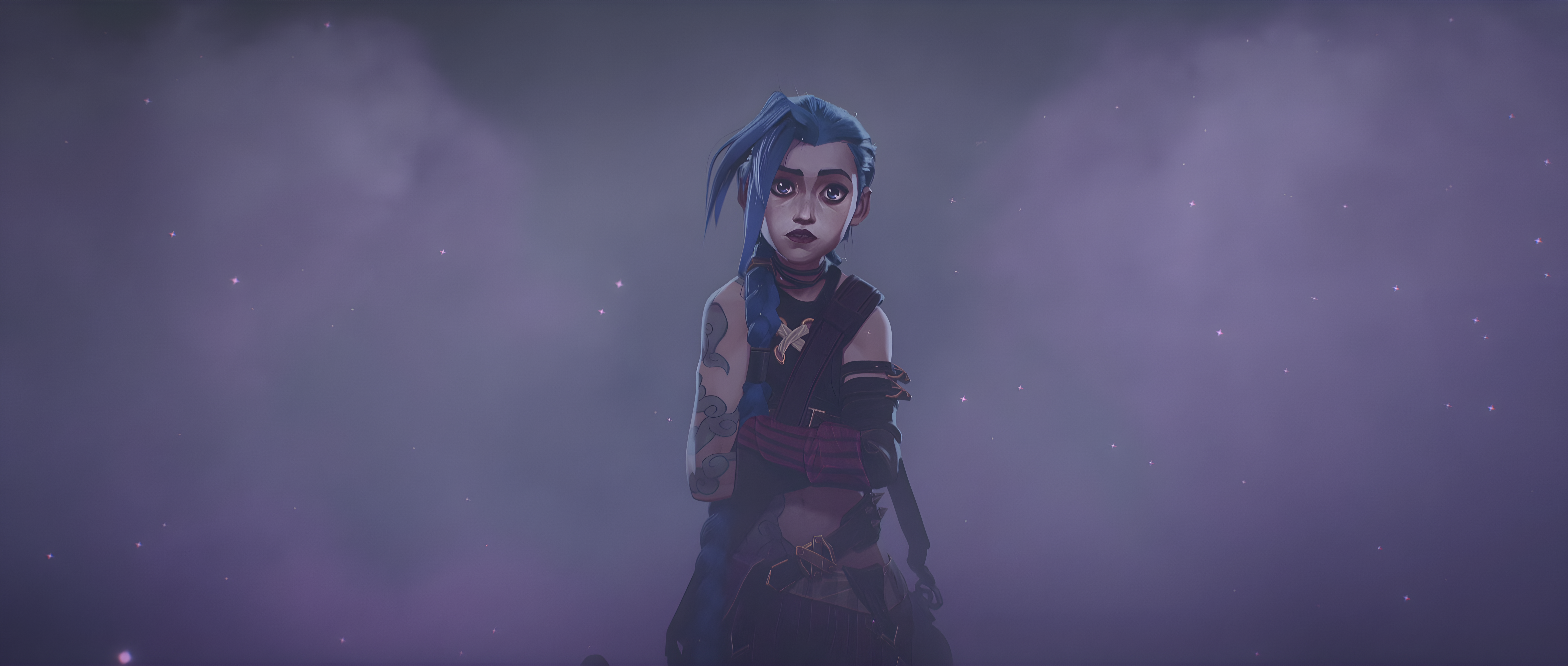 General 7680x3265 Jinx (League of Legends) Arcana (League of Legends) Netflix TV Series TV series video game characters arms crossed digital art League of Legends clouds looking at viewer braids blue hair blue eyes frontal view tattoo parted lips ponytail