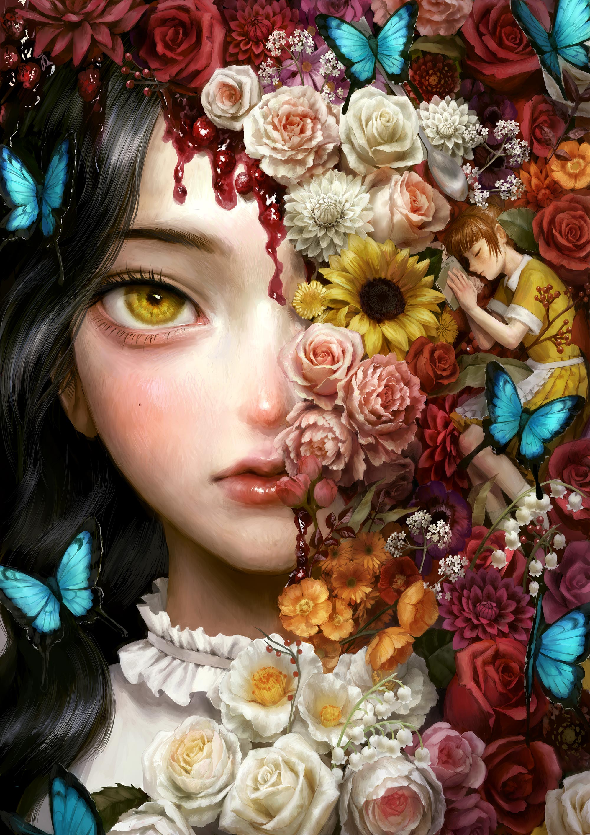 General 2000x2828 Hatena portrait display frontal view sunflowers Iwakura Aria yellow dress yellow eyes parted lips looking at viewer apron two women black hair long hair blue butterflies butterfly expressionless Jam spoon rose