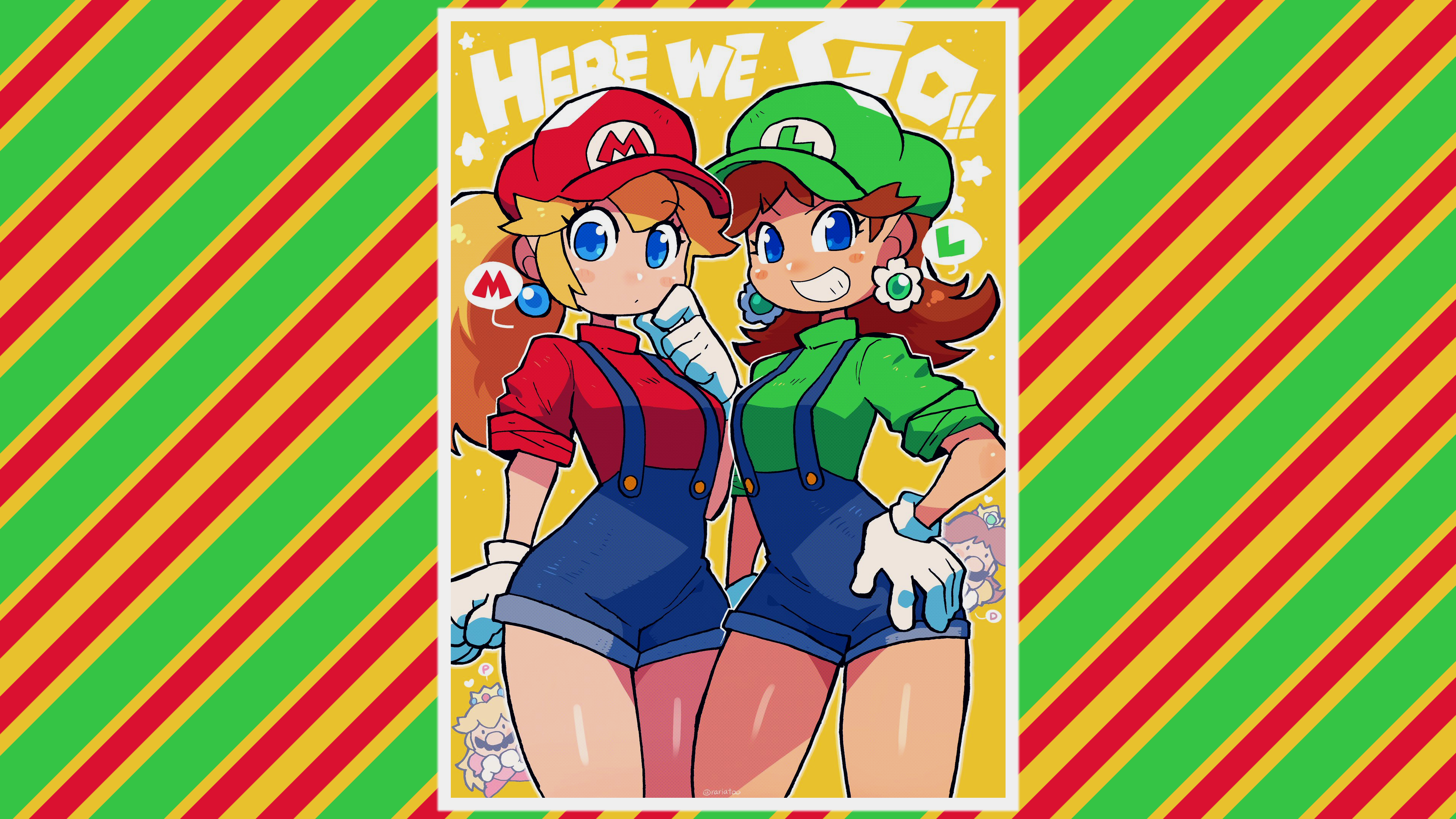 Anime 3840x2160 video games video game girls thighs thighs together looking at viewer Nintendo text crossdressing Princess Peach Princess Daisy smiling blue eyes hat overalls suspenders Mario Mario Bros. Super Mario Luigi earring flowers ponytail blonde brunette bangs sidelocks chibi hips wide hips red shirt green shirt hands on hips long hair collared shirt rolled sleeves Rariatoo