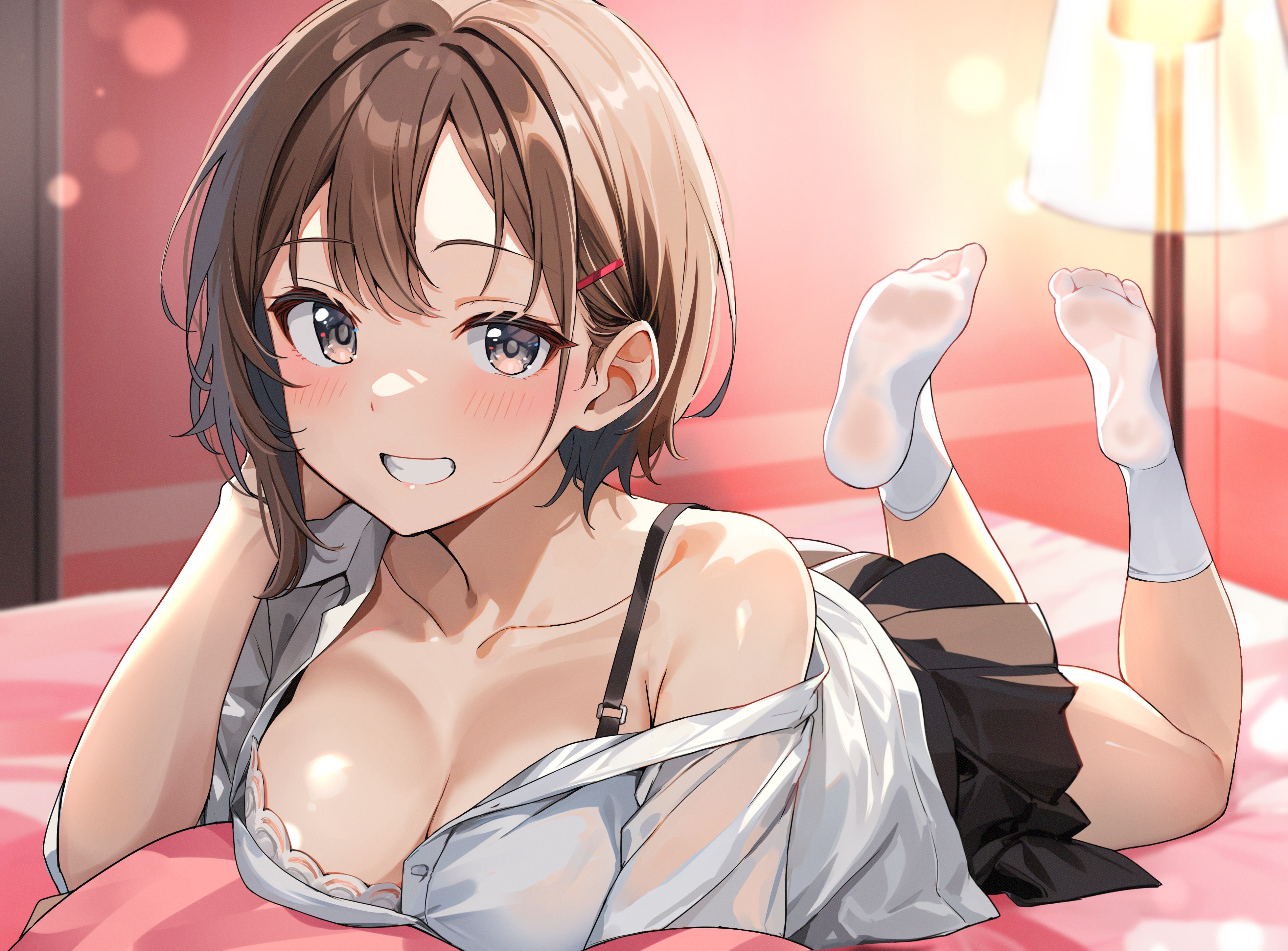 Anime 3920x2894 anime anime girls boobs big boobs Shiitake Taishi blushing short hair feet in the air white socks socks looking at viewer in bed lying down lying on front collarbone cleavage hair between eyes brunette lamp bed hair clip brown eyes smiling pink sheets parted lips one bare shoulder teeth