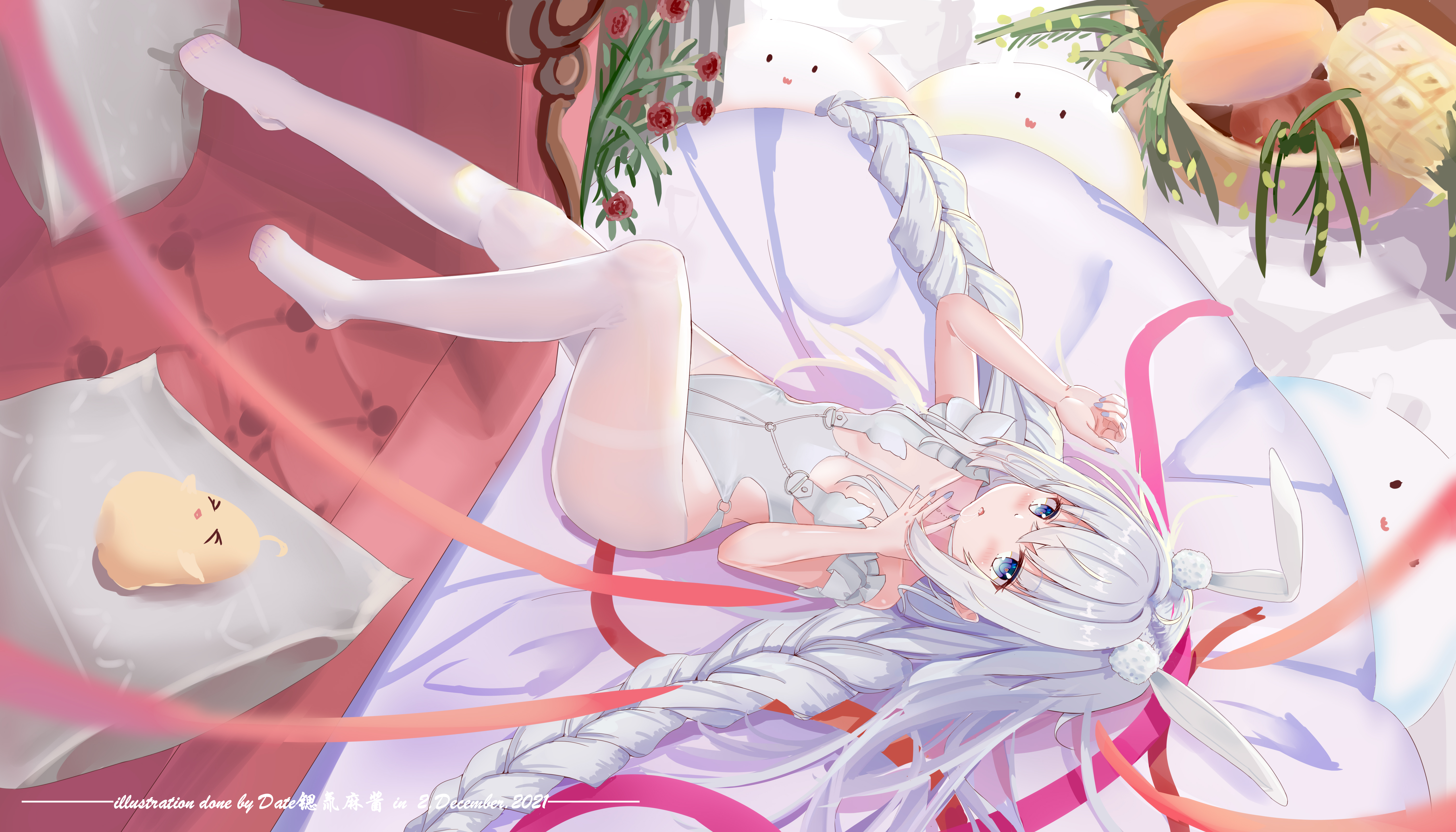 Anime 6048x3456 anime anime girls Pixiv animal ears blue eyes gray hair long hair bunny ears rose flowers food Date Shichuan Majiang Manjuu (Azur Lane) frills Le Malin (Azur Lane) feet pointed toes Azur Lane lying down lying on back bunny suit bunny girl looking at viewer braids hair bows blushing white pantyhose pantyhose ribbon women indoors hair spread out leotard white leotard leaves skinny painted nails blue nails