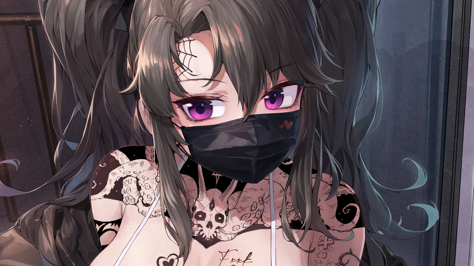 Anime 1920x1080 tattoo anime girls gothic face mask purple eyes AI art
