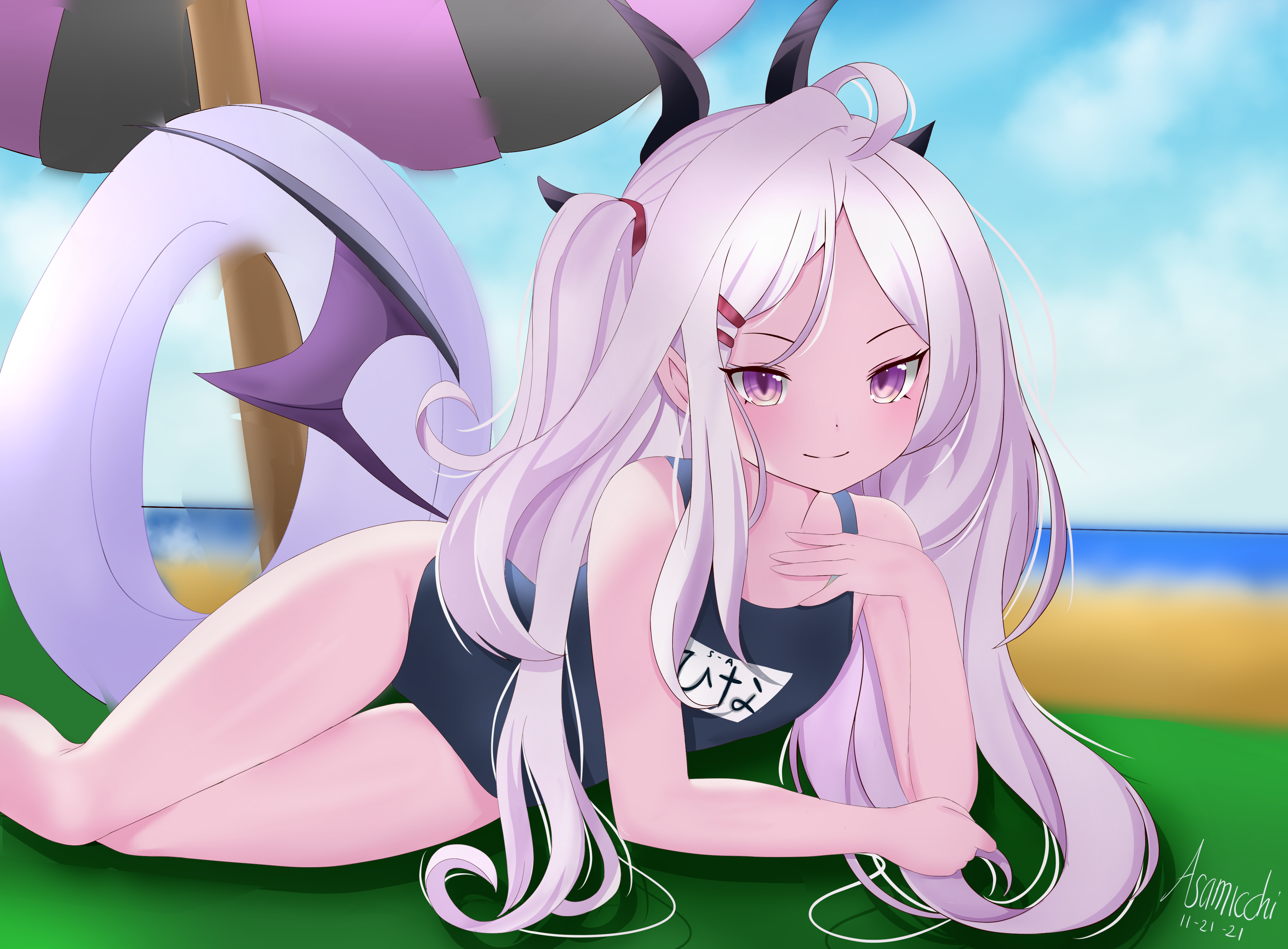 Anime 4140x3050 anime girls swimwear long hair Blue Archive Sorasaki Hina (Blue Archive) purple eyes fan art anime girl with wings smiling closed mouth looking at viewer ahoge one-piece swimsuit clouds lying down signature dated skinny sky