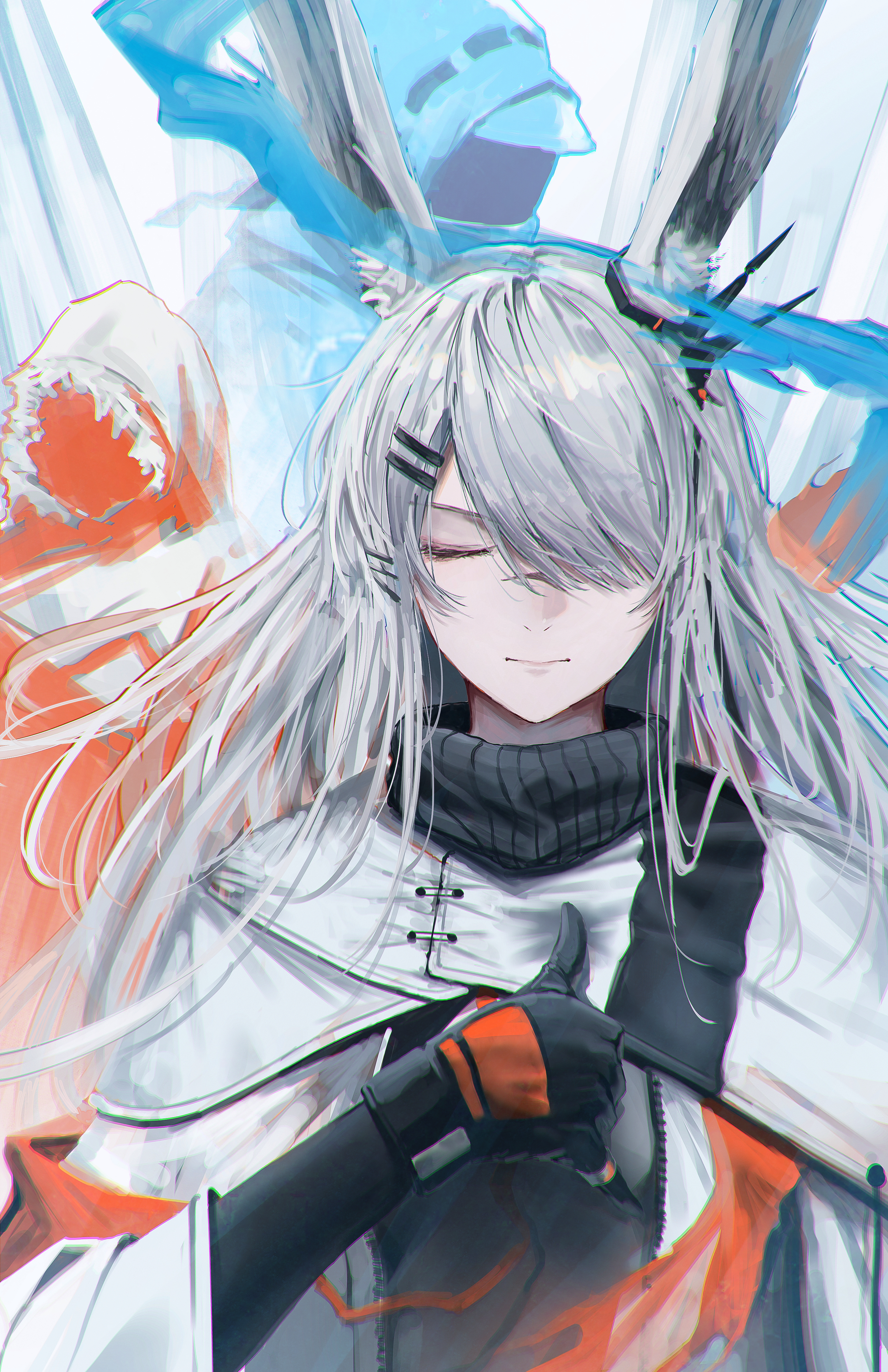 Anime 2786x4300 Ressec Arknights Frostnova(Arknights) digital art artwork bunny ears closed eyes portrait display long hair hair over one eye gloves closed mouth hair clip frontal view animal ears anime girls jacket silver hair