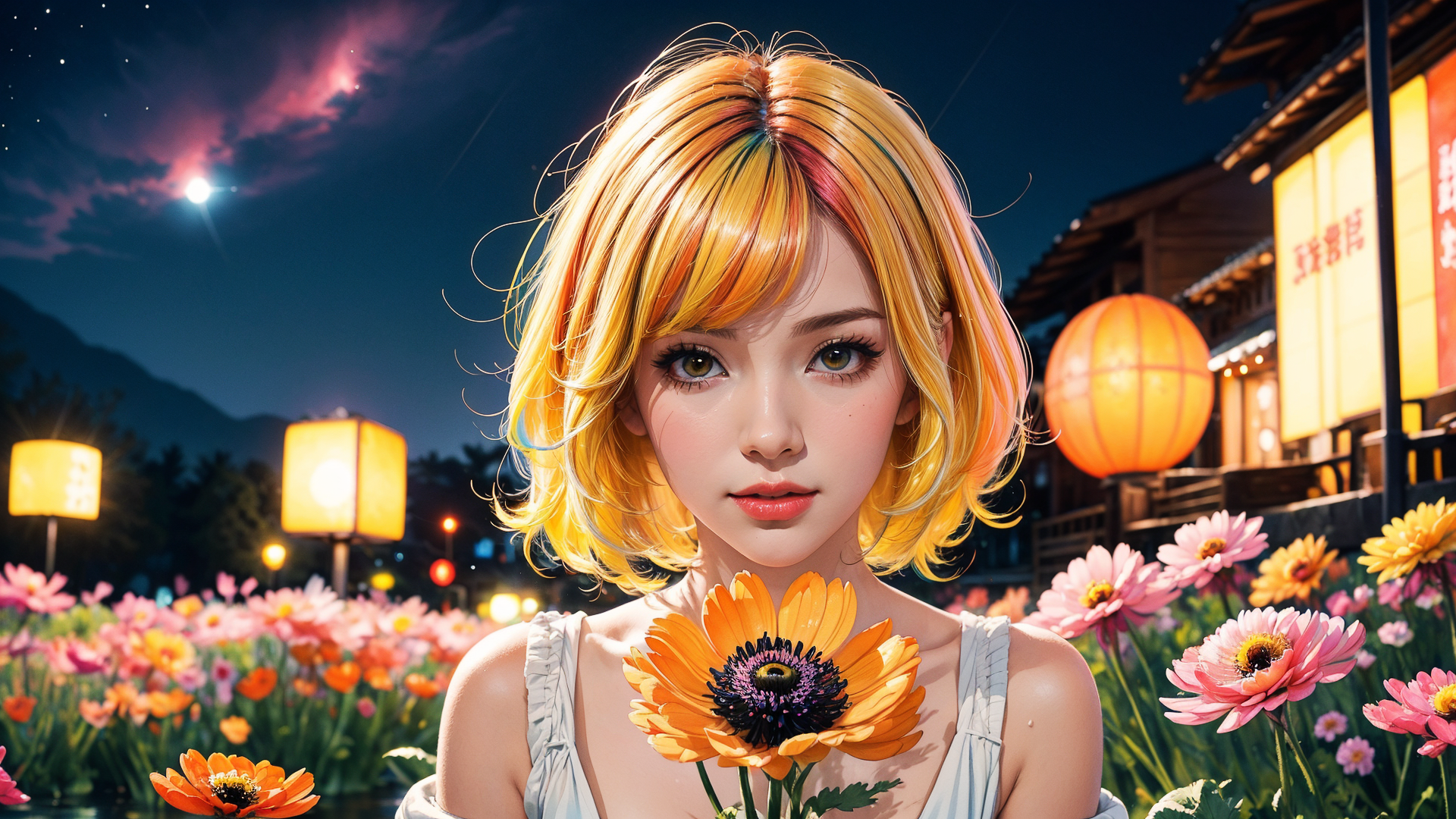 General 1920x1080 AI art blonde flowers model women parted lips looking at viewer juicy lips sky night Asian sunflowers stars yellow eyes lipstick