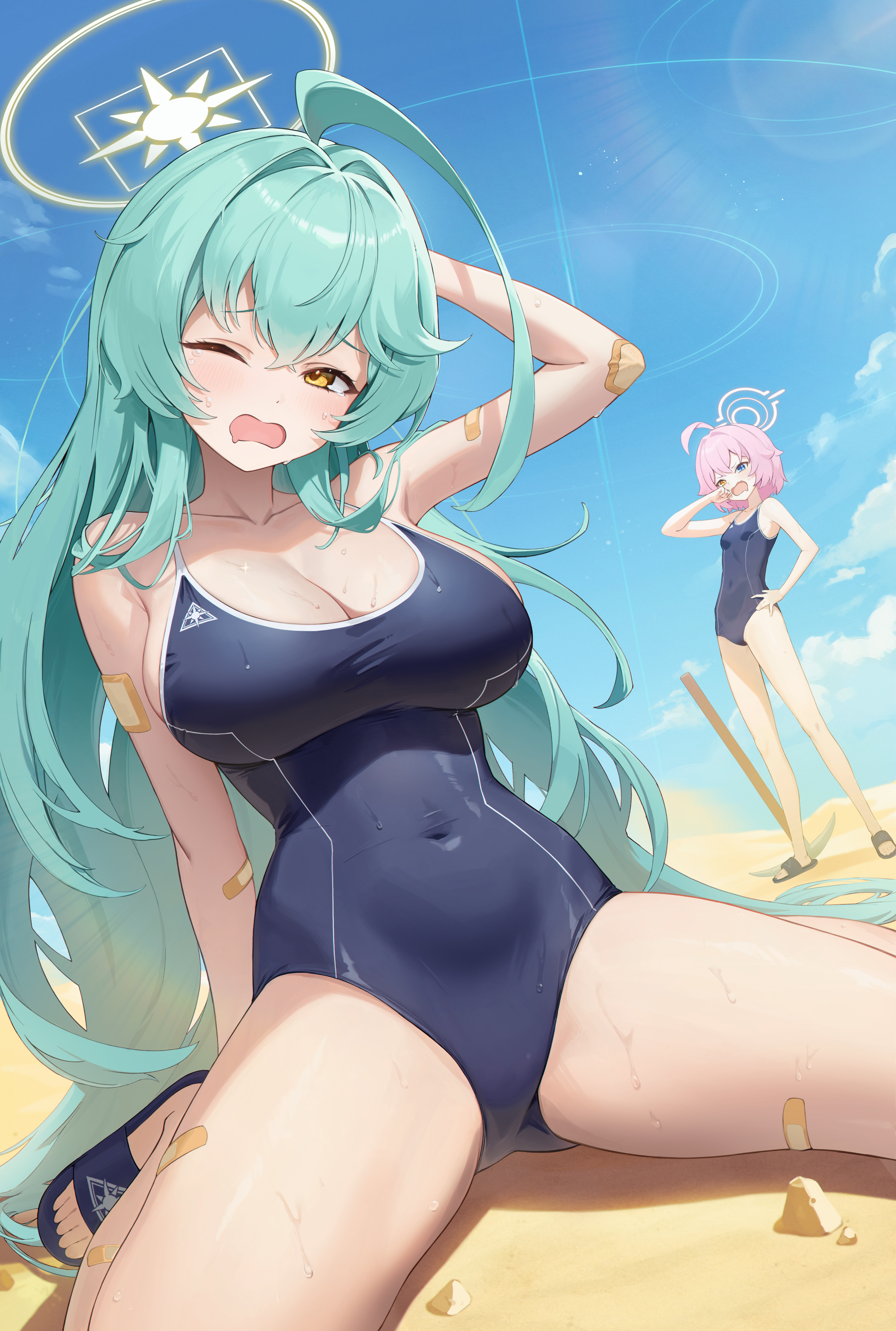 Anime 3454x5131 anime anime girls Blue Archive anime games cleavage spread legs one-piece swimsuit sky Yume (Blue Archive) wet Takanashi Hoshino (Blue Archive) women on beach beach hair between eyes blushing band-aid one arm up portrait display pink hair heterochromia sunlight long hair hands on hips short hair huge breasts small boobs collarbone wariza clouds sand