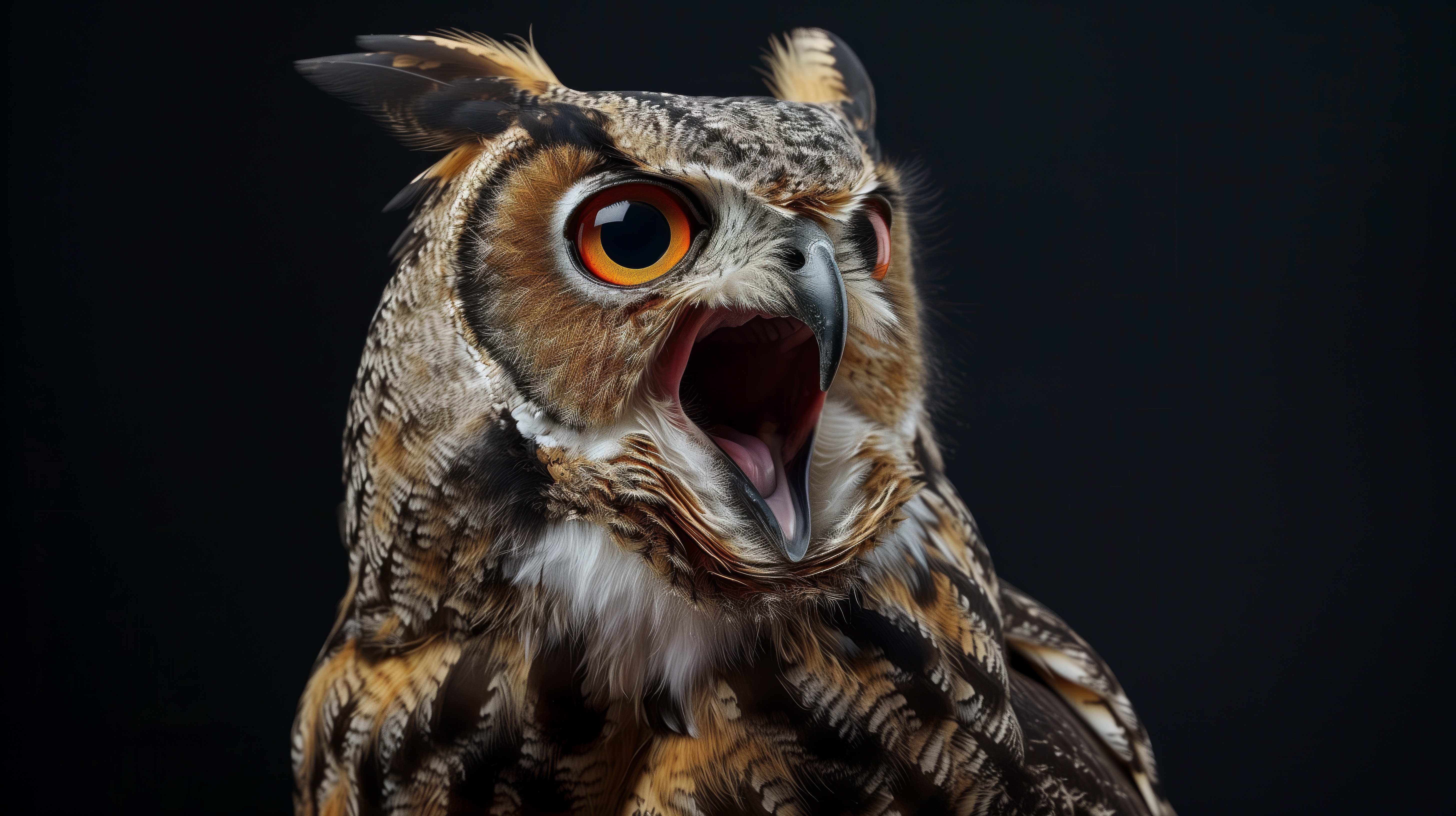 General 5824x3264 AI art owl open mouth black background simple background