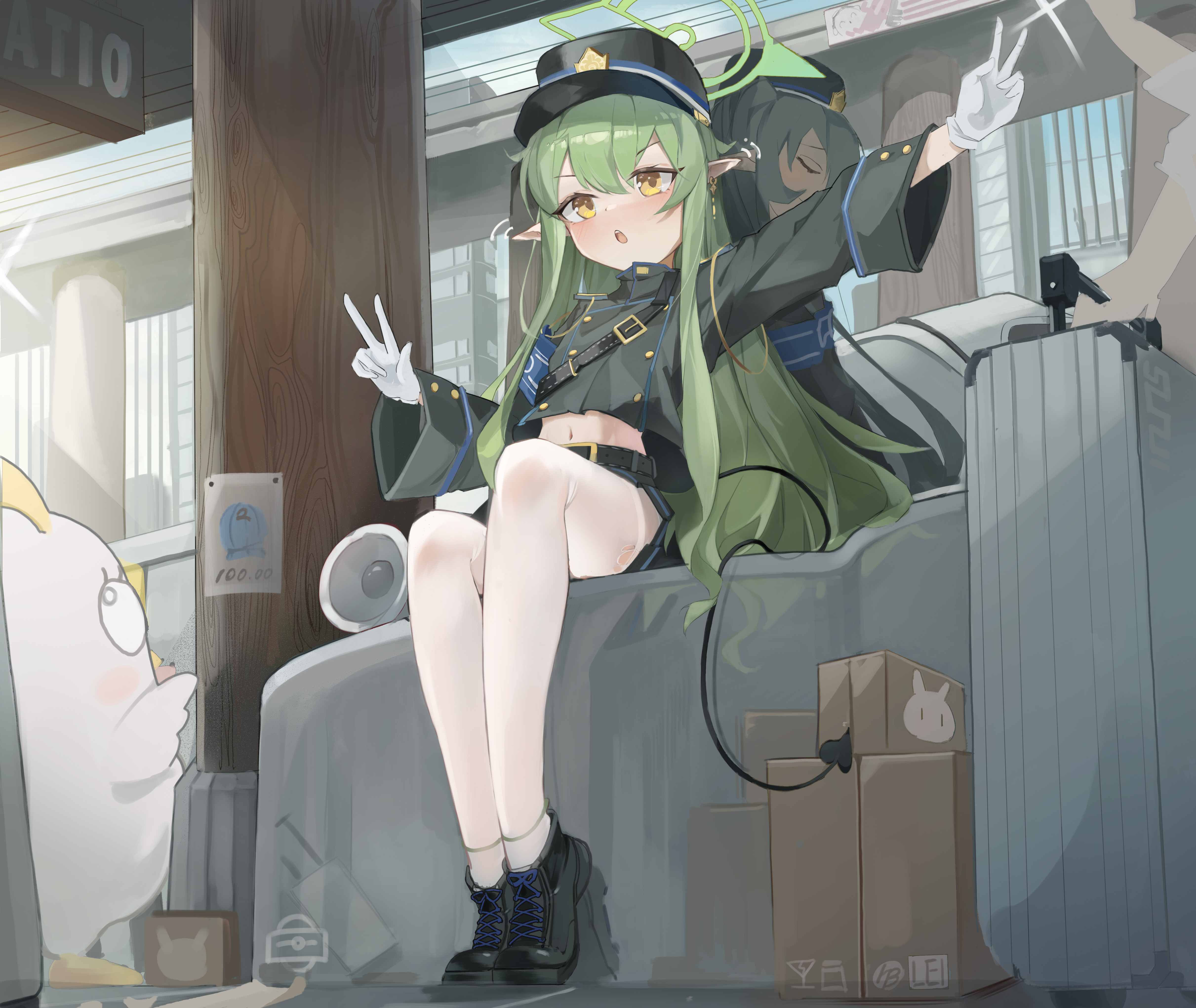 Anime 4844x4082 anime girls Blue Archive Highlander Sidelocks Conductor (Blue Archive) yellow eyes green hair hat tail anime Tachibana Hikari (Blue Archive) pointy ears long hair hair between eyes sitting peace sign gloves white gloves open mouth bare midriff long sleeves wide sleeves uniform luggage blushing bent legs earring