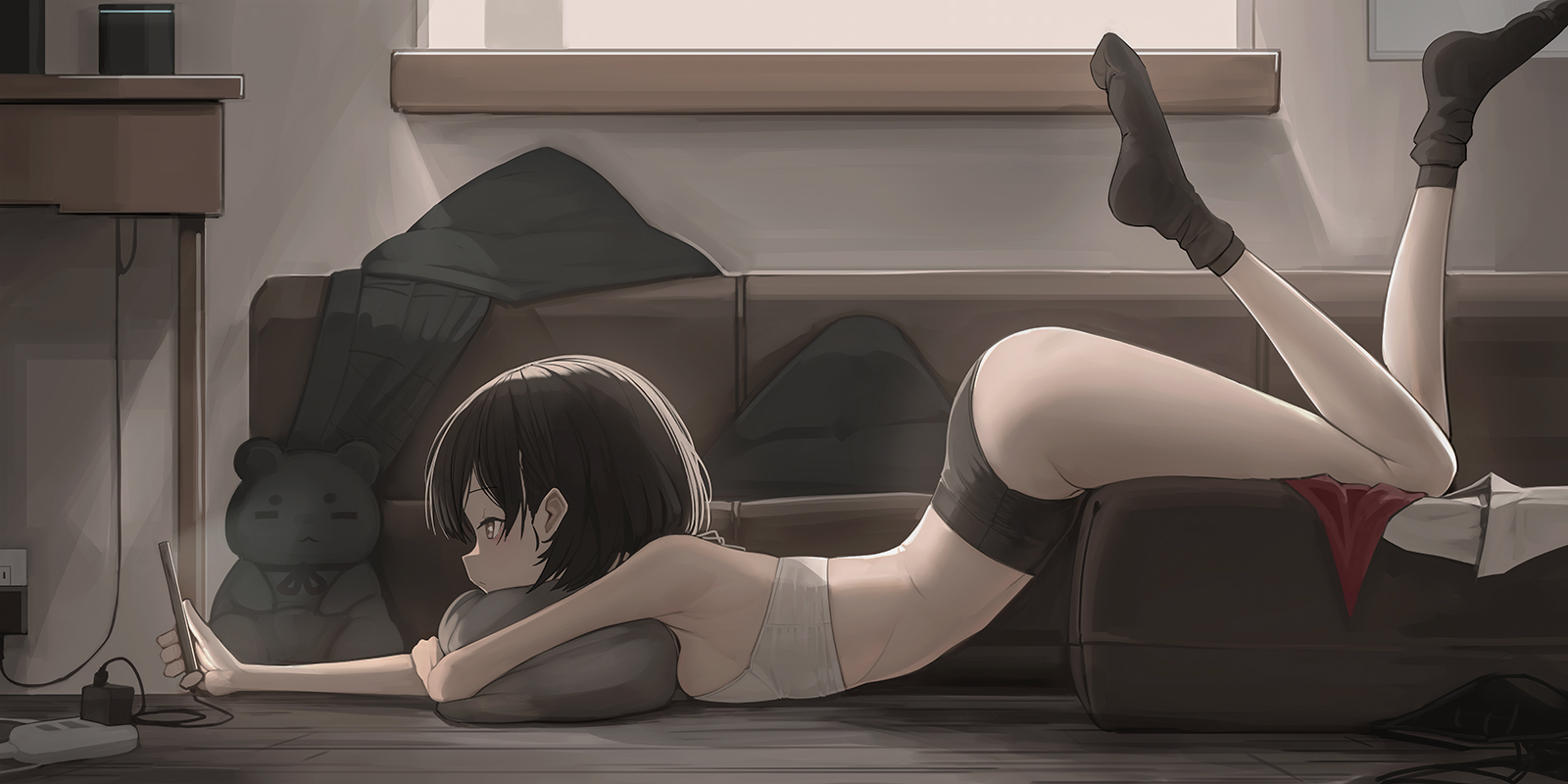 Anime 1600x800 short hair arched back panties bottom up profile lying on front Genek women indoors anime girls side view black panties sideboob black socks  phone looking at smartphone wooden floor couch bent legs slim body skinny on the floor pillow closed mouth stuffed animal socks teddy bears charger natural light black hair ass clothes messy