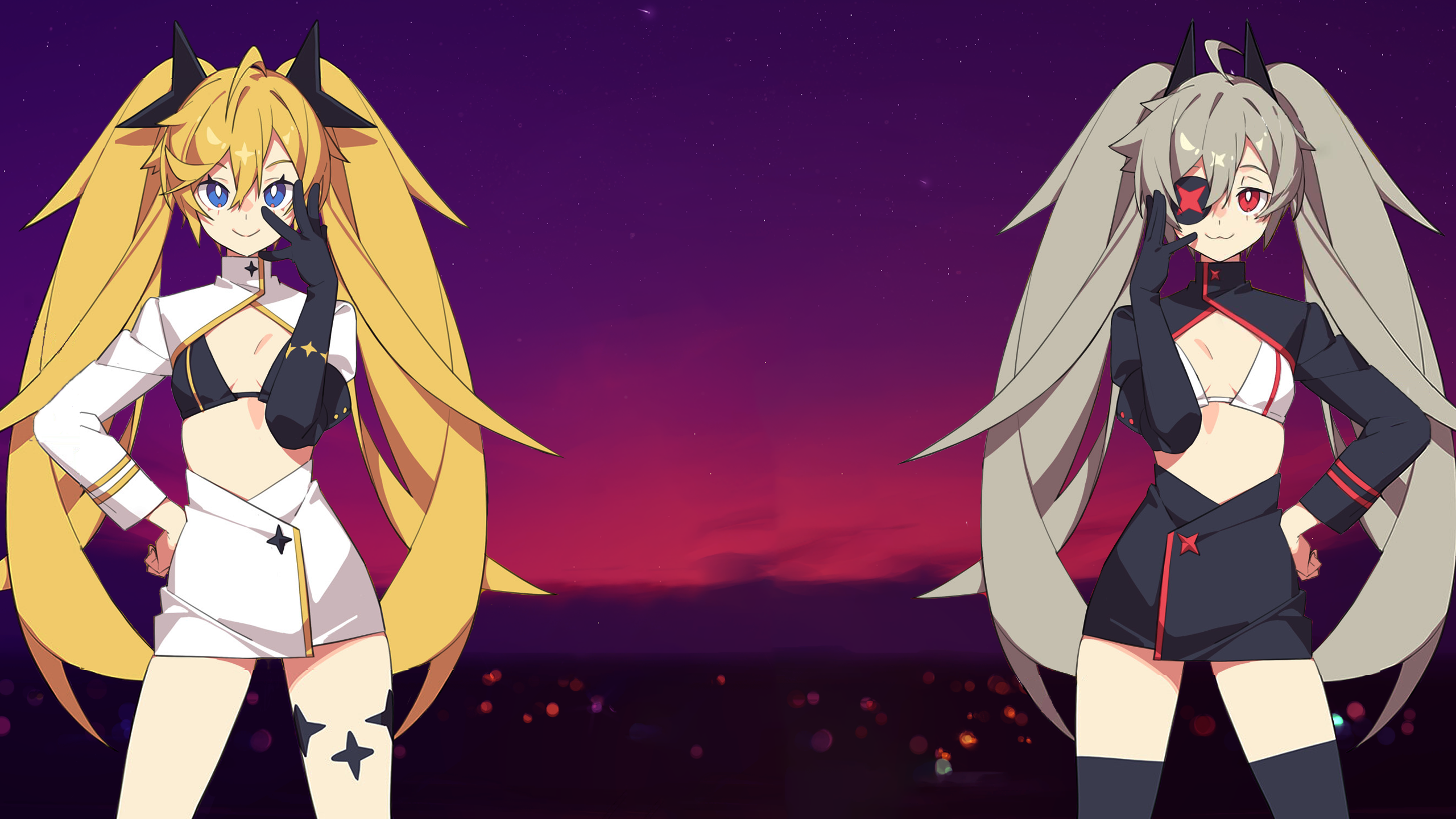 Anime 2560x1440 bikini top anime girls DJmax hair between eyes looking at viewer standing small boobs long hair twintails closed mouth blue eyes red eyes gray hair blonde skinny black thigh highs thigh-highs sky stars ahoge night thighs