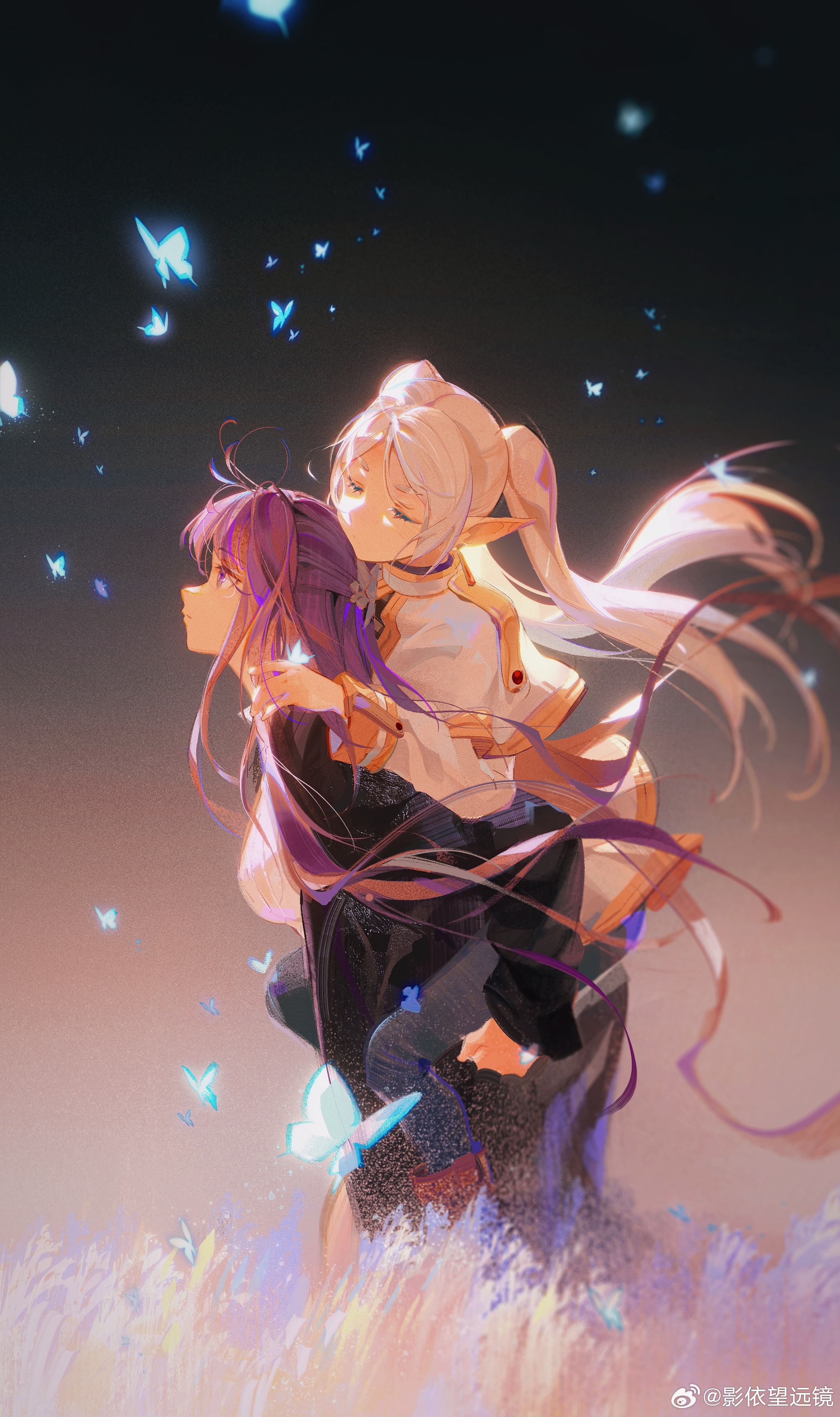 Anime 2728x4598 Sousou No Frieren Frieren portrait display anime girls Fern (Sousou No Frieren) piggyback two women looking away butterfly Blue Butterflies long hair twintails women outdoors night grass elves pointy ears long sleeves Ying Yi hair between eyes simple background insect