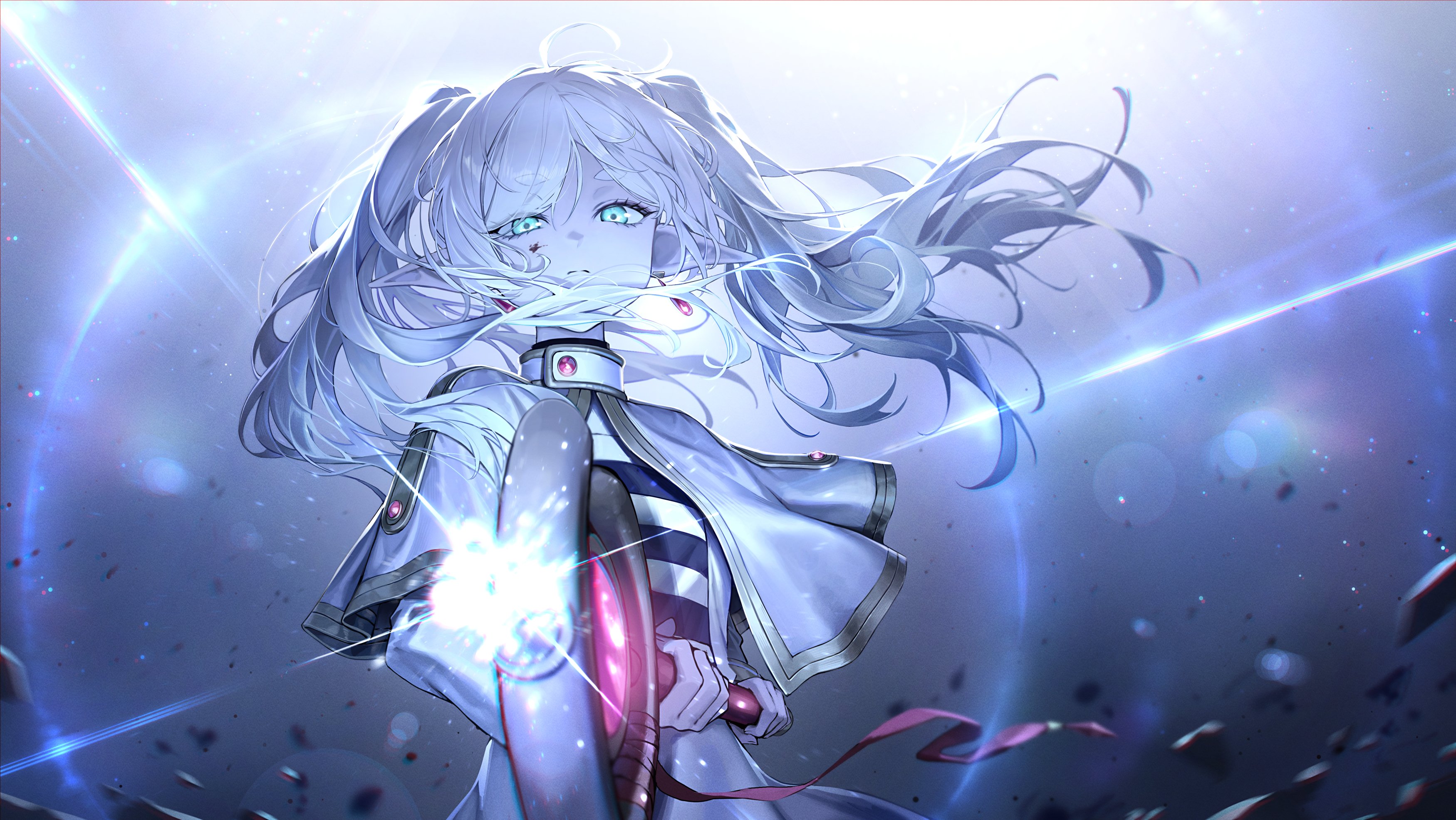 Anime 3500x1972 Frieren Sousou No Frieren pointy ears elf girl blue eyes white hair staff earring magic looking at viewer standing bright bright background white white dress
