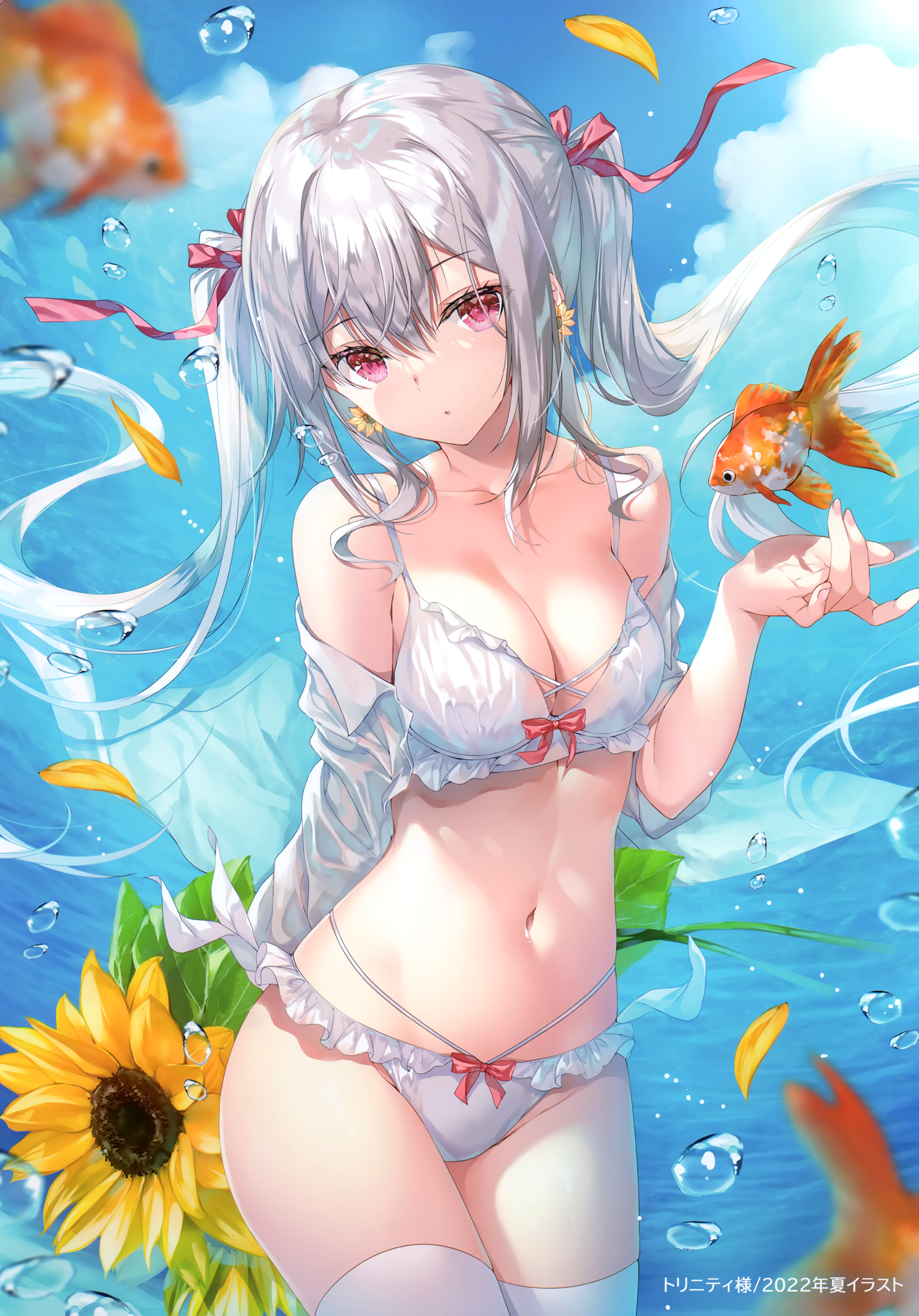 Anime 2096x3002 Miwabe Sakura sunflowers portrait display Japanese looking at viewer bubbles water drops open shirt white underwear panties white panties underwear stockings white stockings hair ribbon purple eyes white hair thigh-highs flowers belly button white bra cleavage sky clouds bra fish thighs ribbon water petals boobs