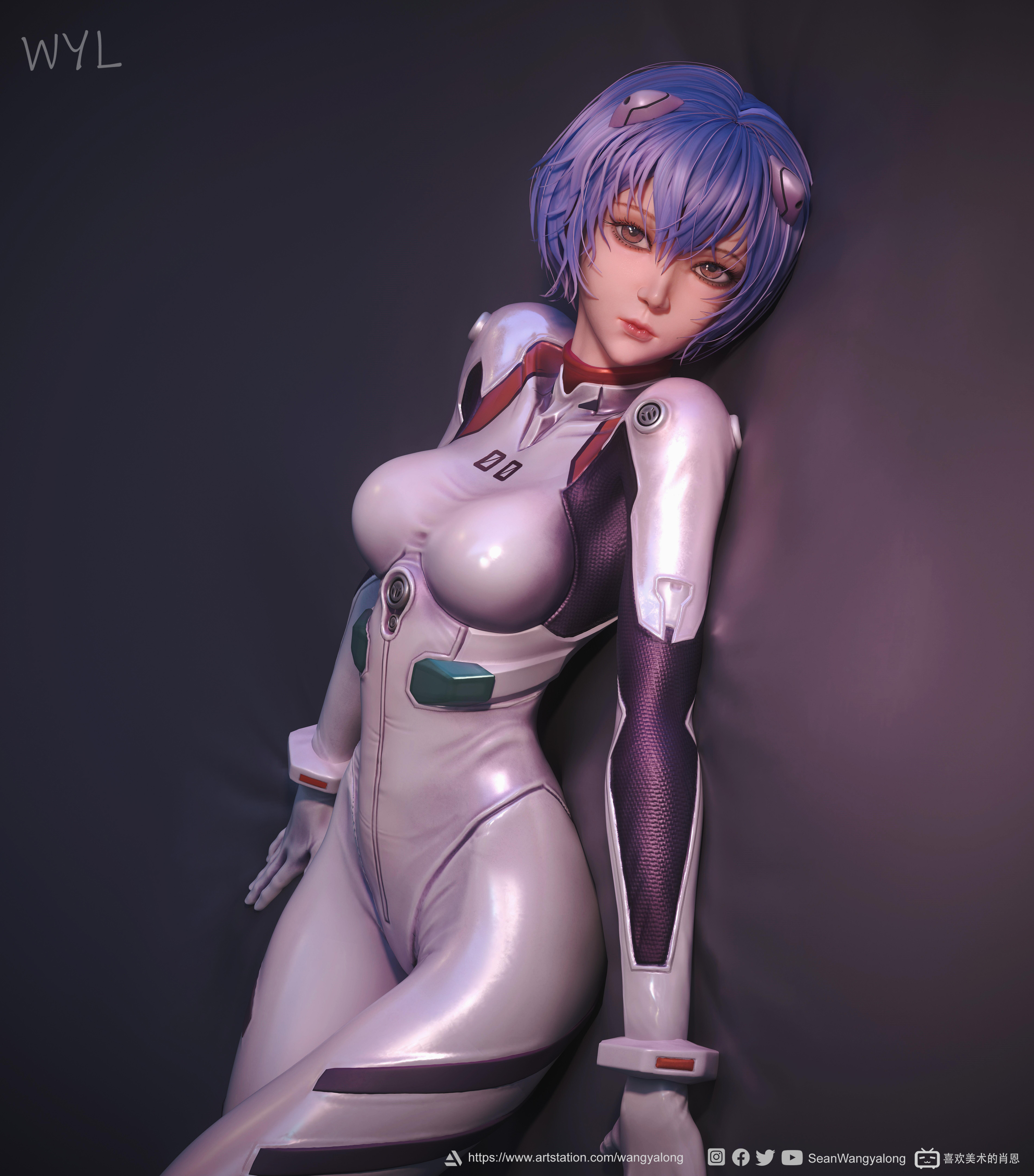 Anime 3840x4365 Ayanami Rei CGI Neon Genesis Evangelion bodysuit blue hair bob hairstyle solo portrait display short hair looking at viewer skinny anime girls watermarked hair between eyes icon lying down lying on back signature closed mouth Sean WangYalong