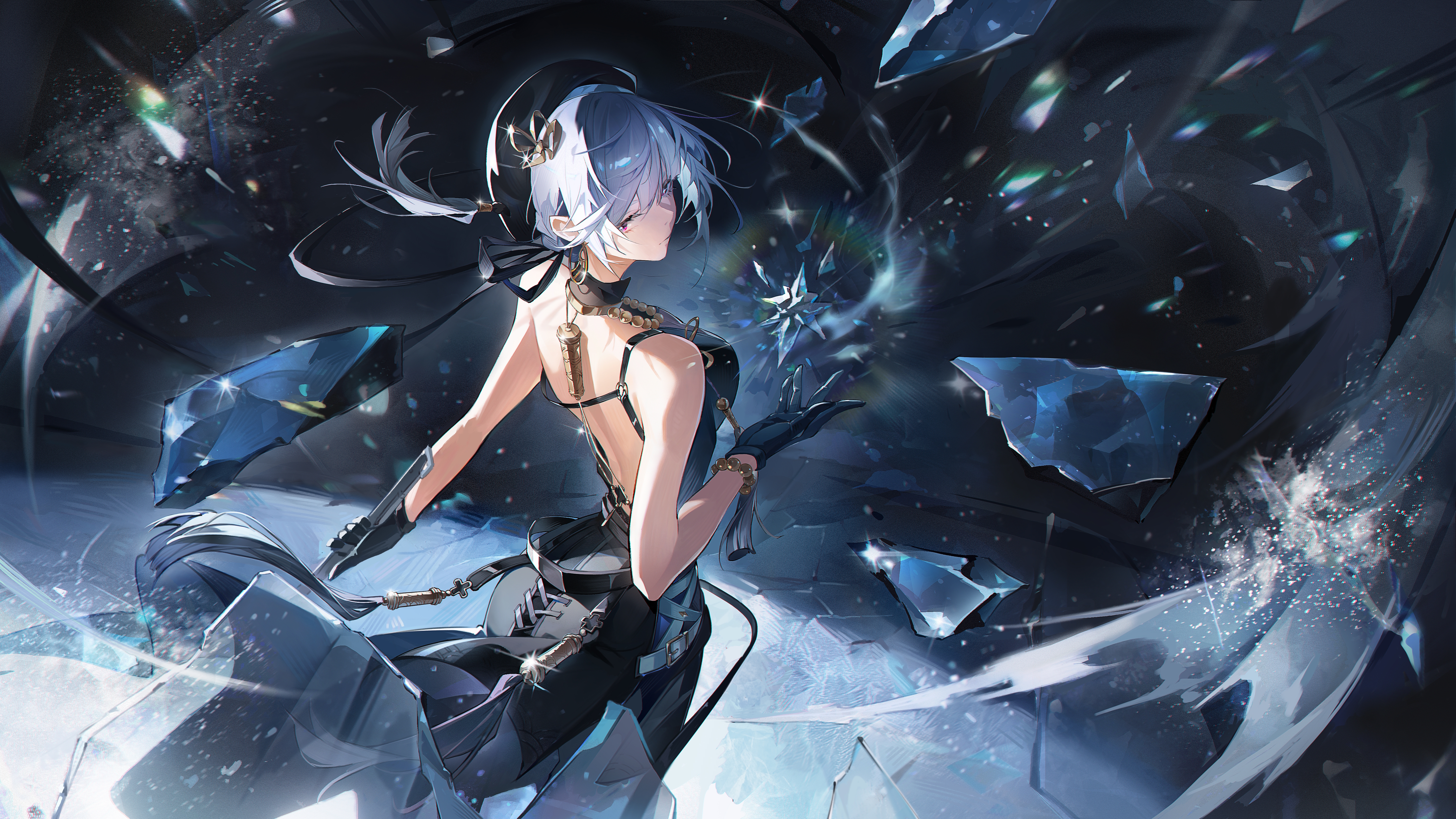 Anime 6000x3375 anime anime girls magic Wuthering Waves Sanhua (Wuthering Waves) long hair looking at viewer black dress slim body tassels looking back blue hair purple eyes closed mouth gloves black gloves skinny hat women with hats looking over shoulder