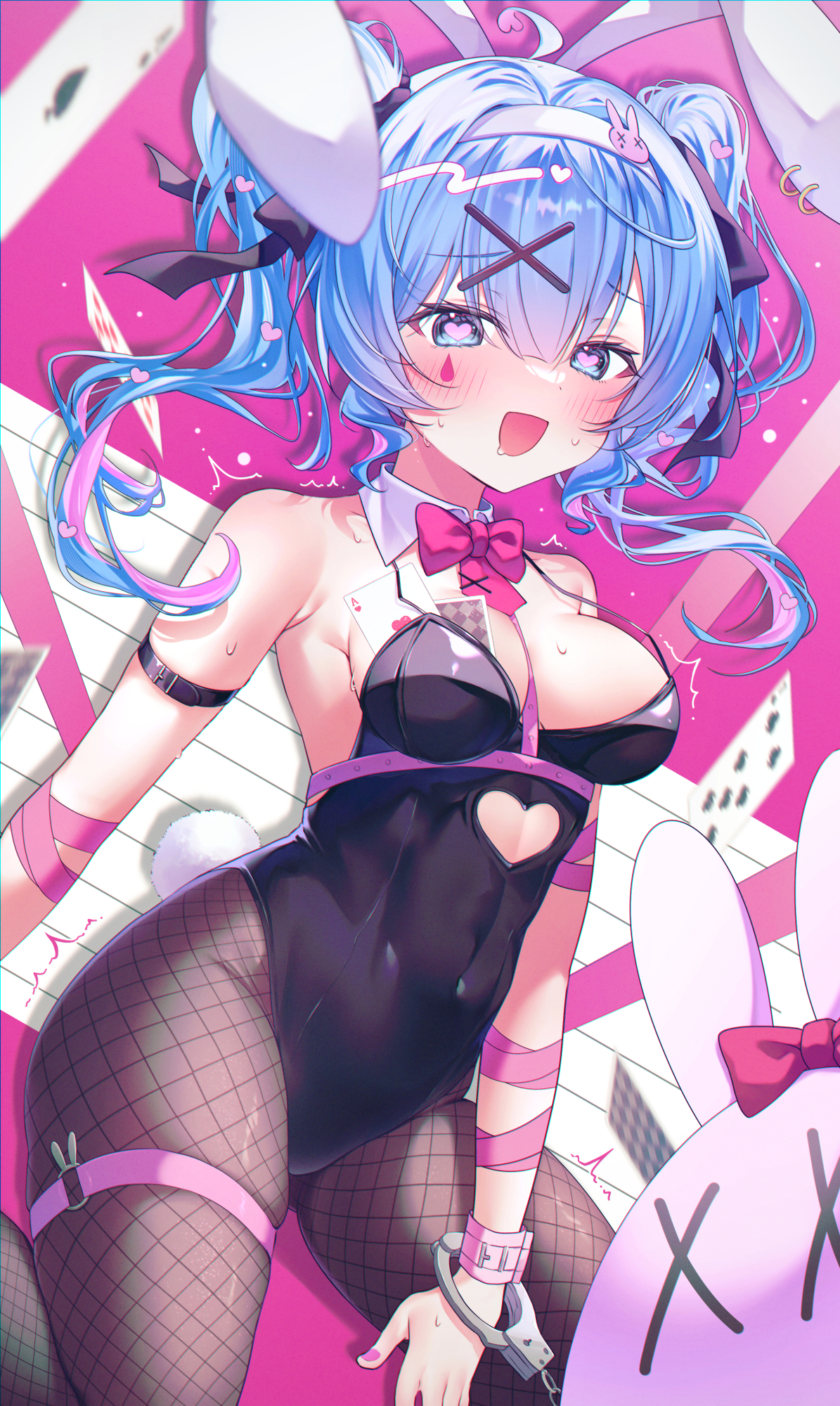 Anime 1195x2000 Vocaloid Hatsune Miku anime anime girls bunny ears bunny suit portrait display pantyhose fishnet pantyhose standing brown pantyhose smiling bunny tail bunny girl open mouth heart eyes blushing looking at viewer two tone hair blue eyes handcuffs skindentation thigh strap black leotard hair ribbon headband hair ornament big boobs cards