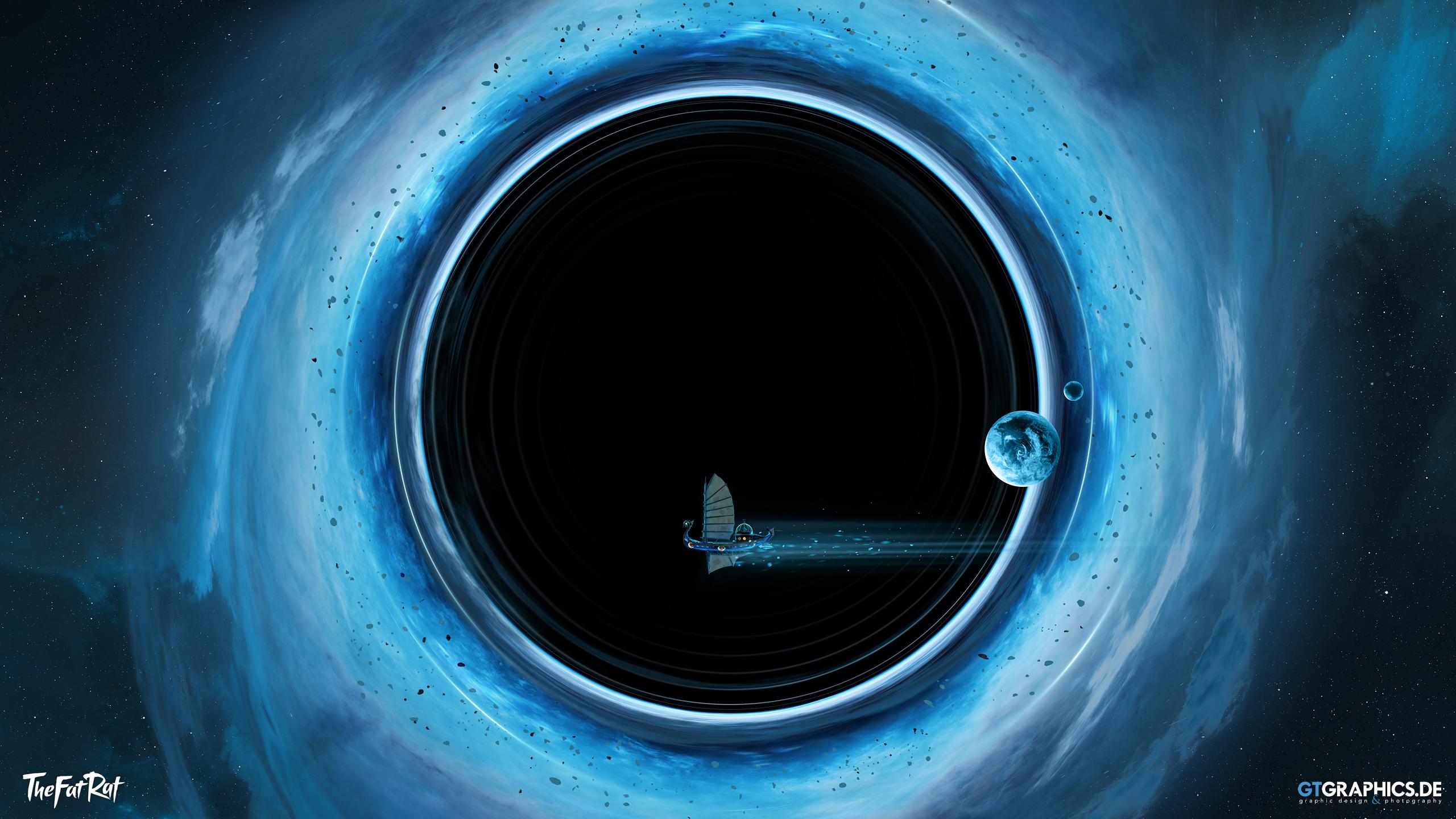 General 2560x1440 GTGraphics digital art artwork illustration CGI space art space black holes boat stars science fiction environment planet TheFatRat watermarked Interstellar (movie)