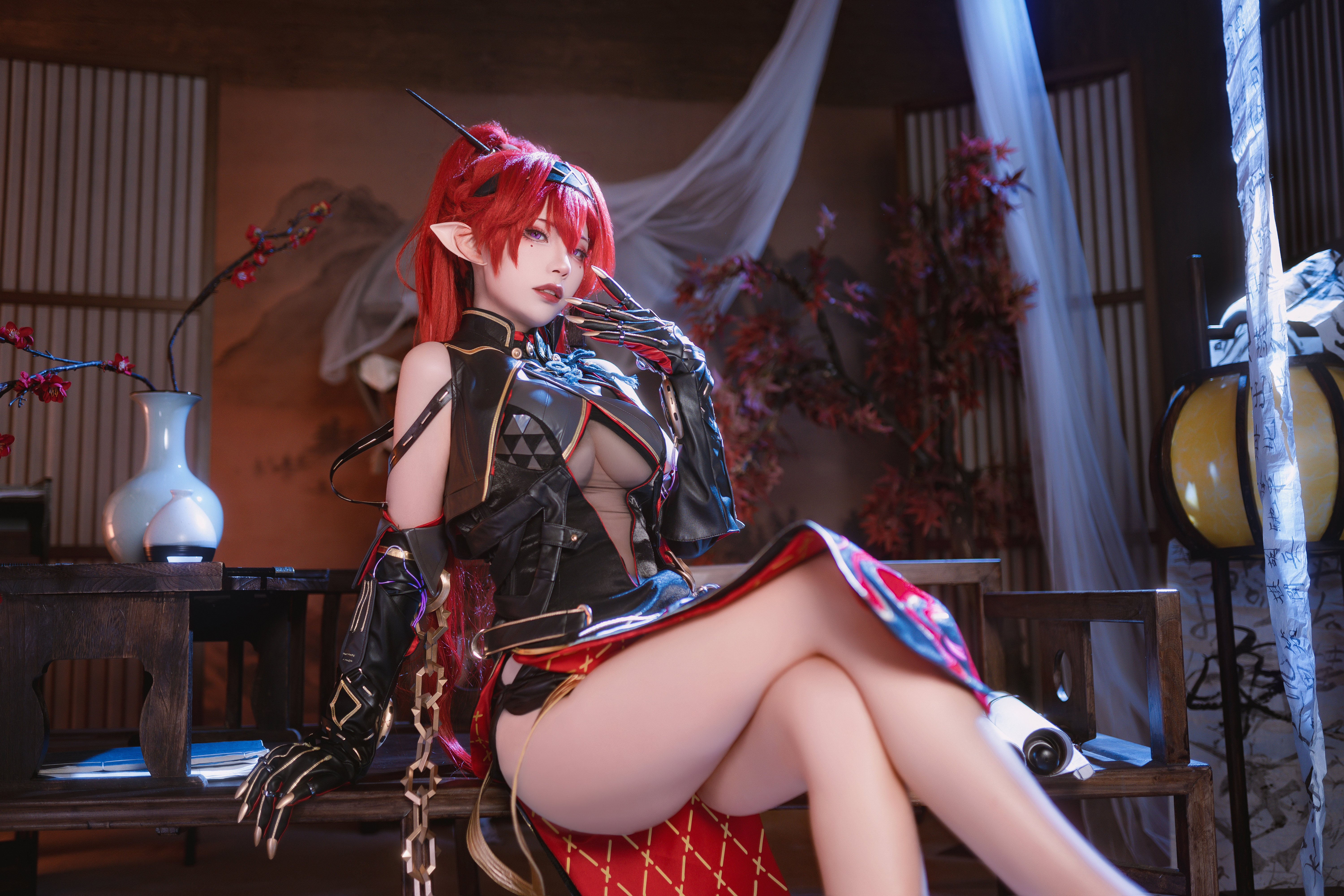 People 6000x4000 cosplay Asian women Wuthering Waves Hazelnut (Cosplayer) legs Yinlin (Wuthering Waves) sitting legs crossed looking at viewer long hair pointy ears redhead parted lips purple eyes bare shoulders thighs headband wood anime anime girls hips hair between eyes red lipstick lipstick