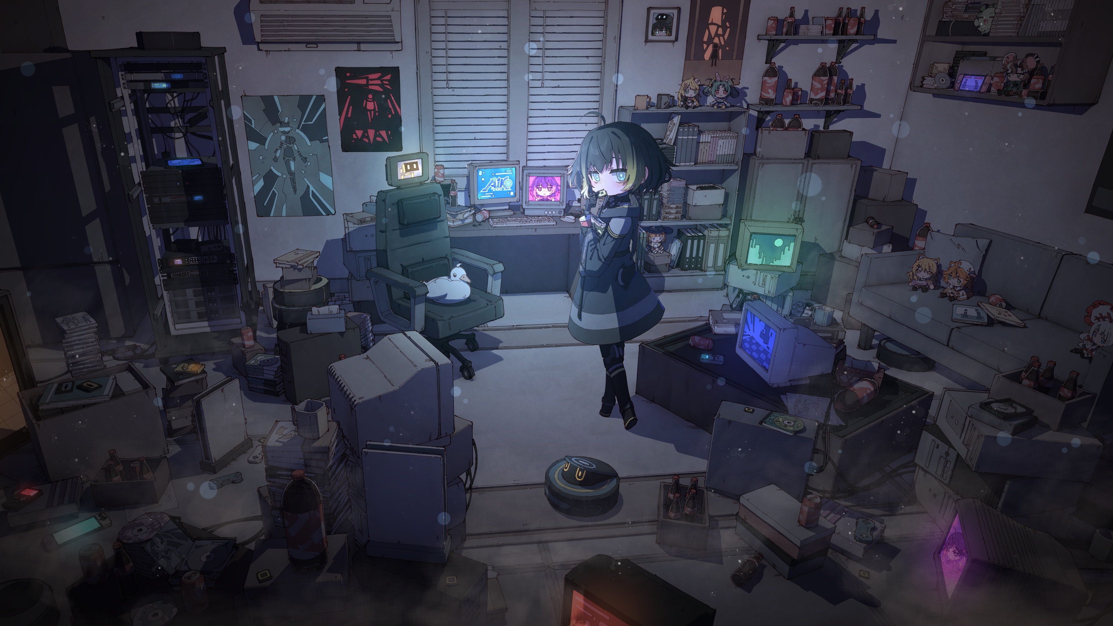 Anime 3840x2160 looking at viewer short hair indoors women indoors anime girls wide sleeves standing keyboards messy controllers blinds Nintendo Switch cassette air conditioning swivel chair drinking straw glass bottle plastic soda can drink Virtual Youtuber coats computer chair books birds discs wires technology server