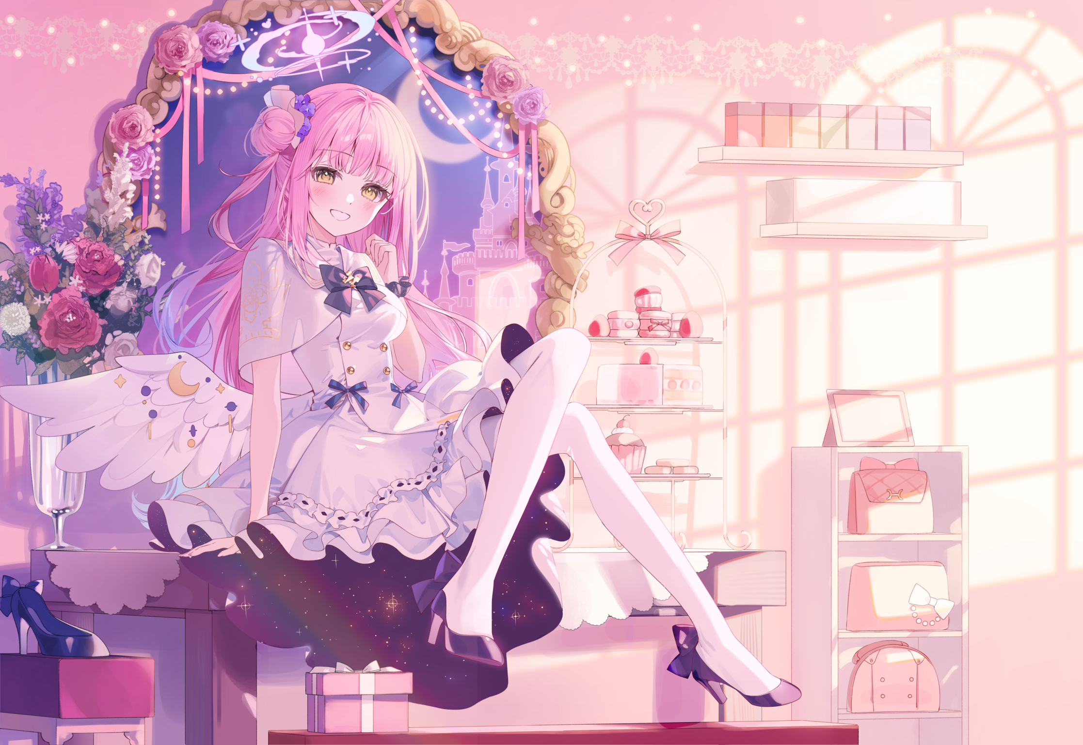 Anime 2234x1537 Blue Archive Misono Mika anime anime girls anime games wings Atsumaru sitting looking at viewer blushing mirror crescent moon hairbun flower in hair white pantyhose pantyhose white dress capelet ornamented flowers purse heels dress pink hair yellow eyes sweets frills castle presents cupcakes