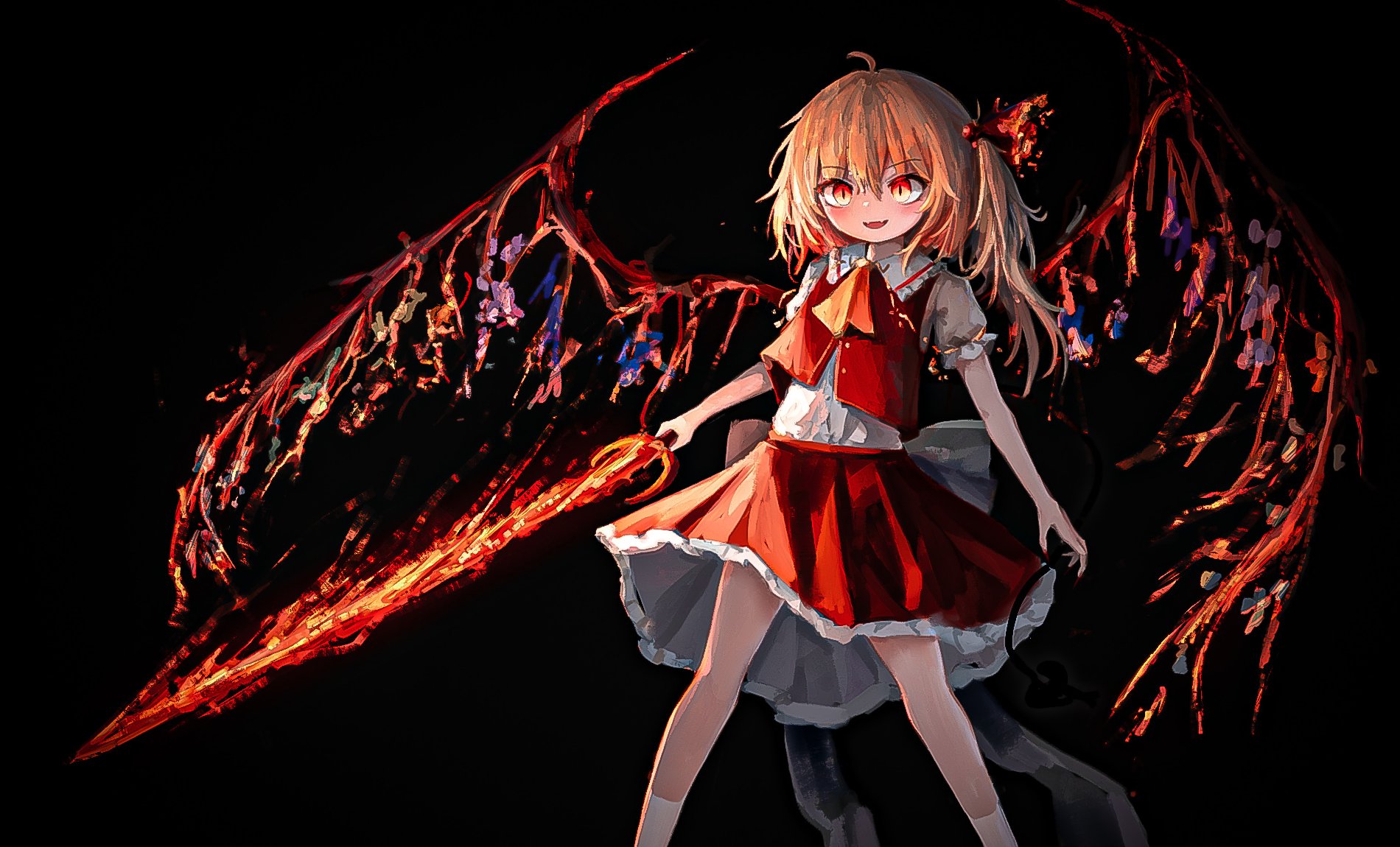 Anime 1900x1150 Touhou Flandre Scarlet black background wings sword blonde anime girls red dress
