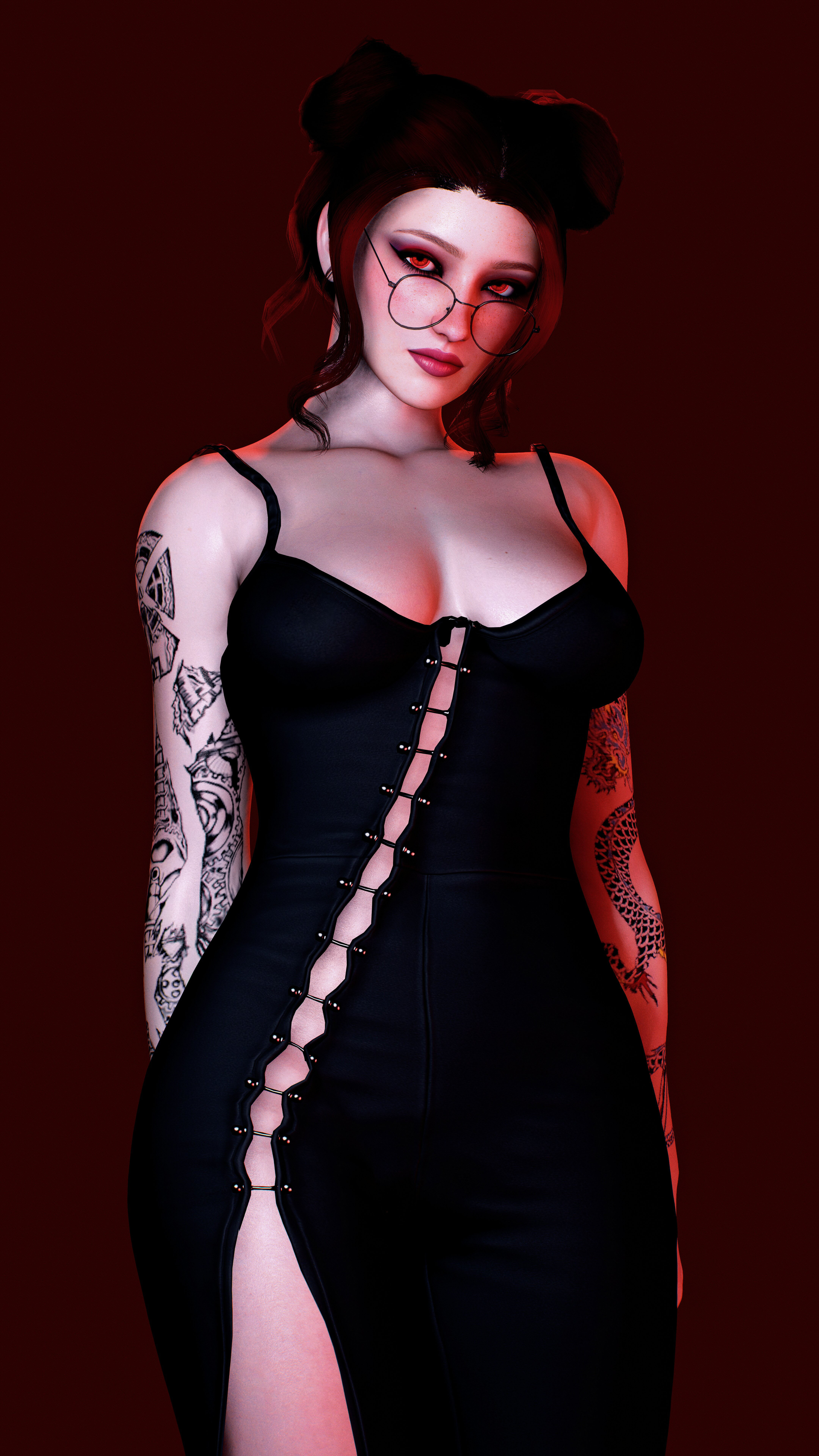General 4320x7680 Mary Mushkin NoPixel short hair black dress tattoo women with glasses red lipstick artwork people looking at viewer portrait display red eyes standing collarbone bare shoulders dress simple background skinny closed mouth juicy lips redhead