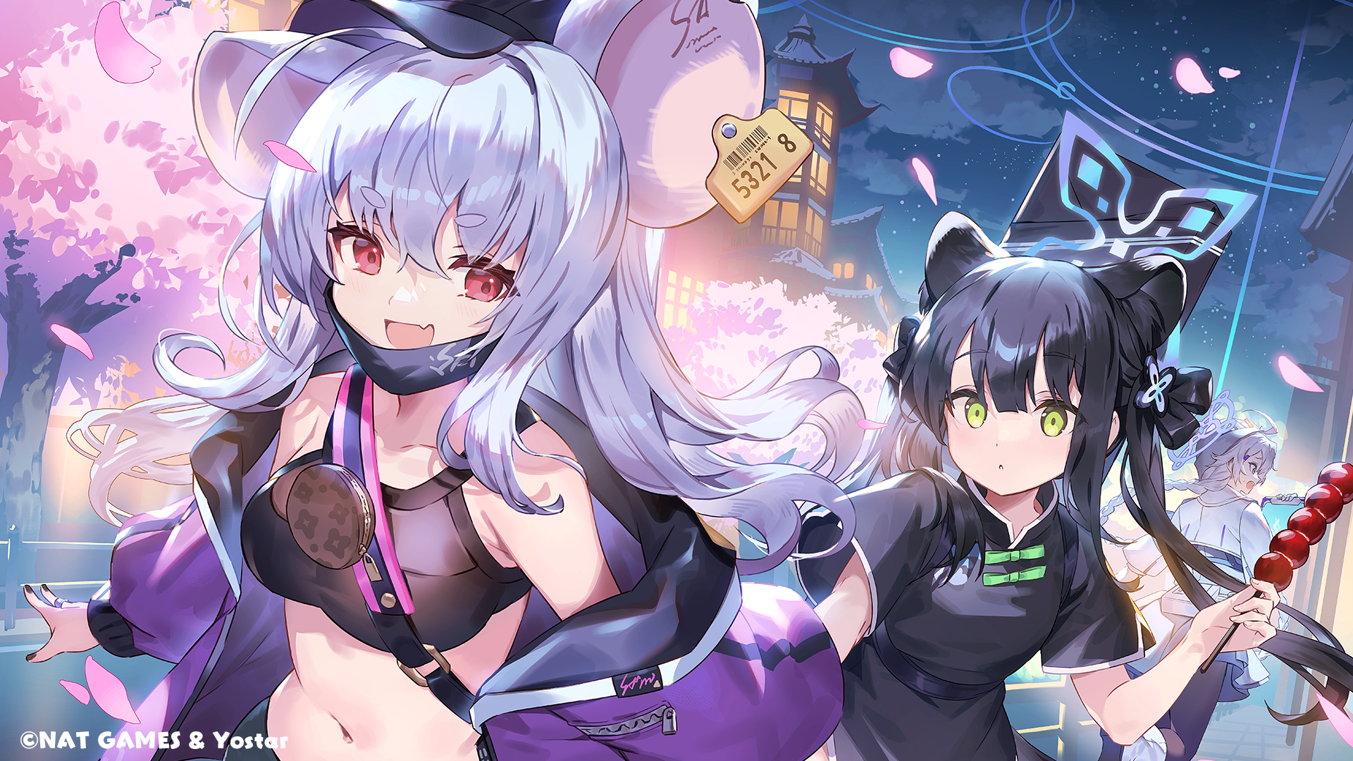 Anime 1920x1080 Blue Archive anime girls petals mask mouse ears animal ears belly belly button food night