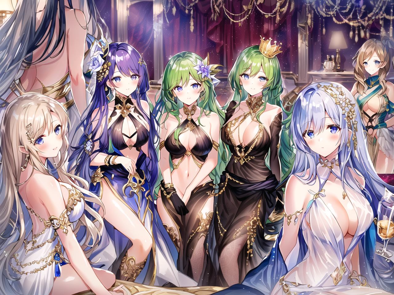 Anime 1280x960 AI art Pixiv harem group of women big boobs looking at viewer dress cleavage long hair purple eyes jewelry blue eyes blushing hair ornament smiling anime girls flower in hair