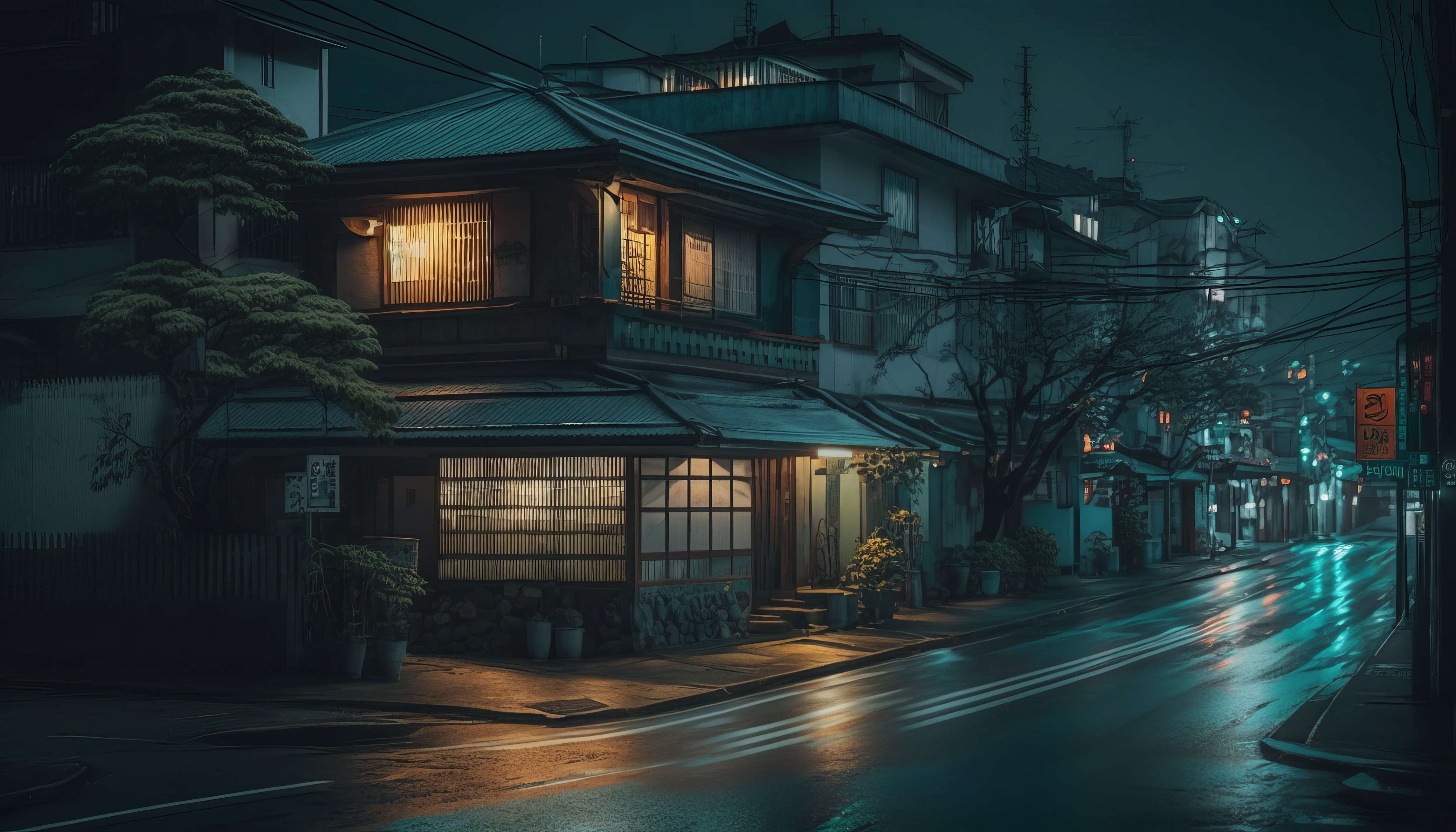 General 4579x2616 AI art illustration Japan street house architecture night