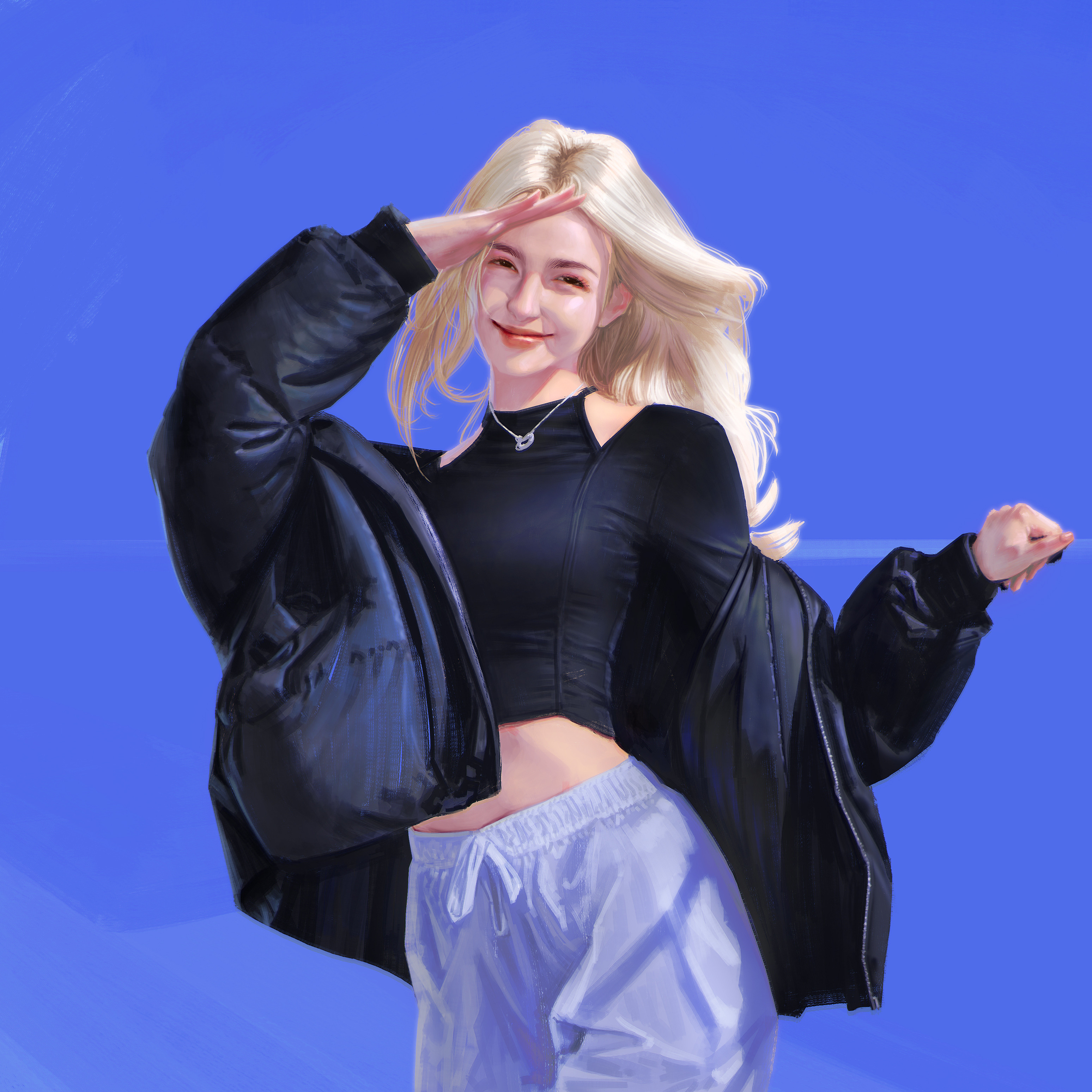 General 3096x3096 digital art artwork illustration women simple background LightBox blonde long hair smiling open jacket blue background necklace looking at viewer