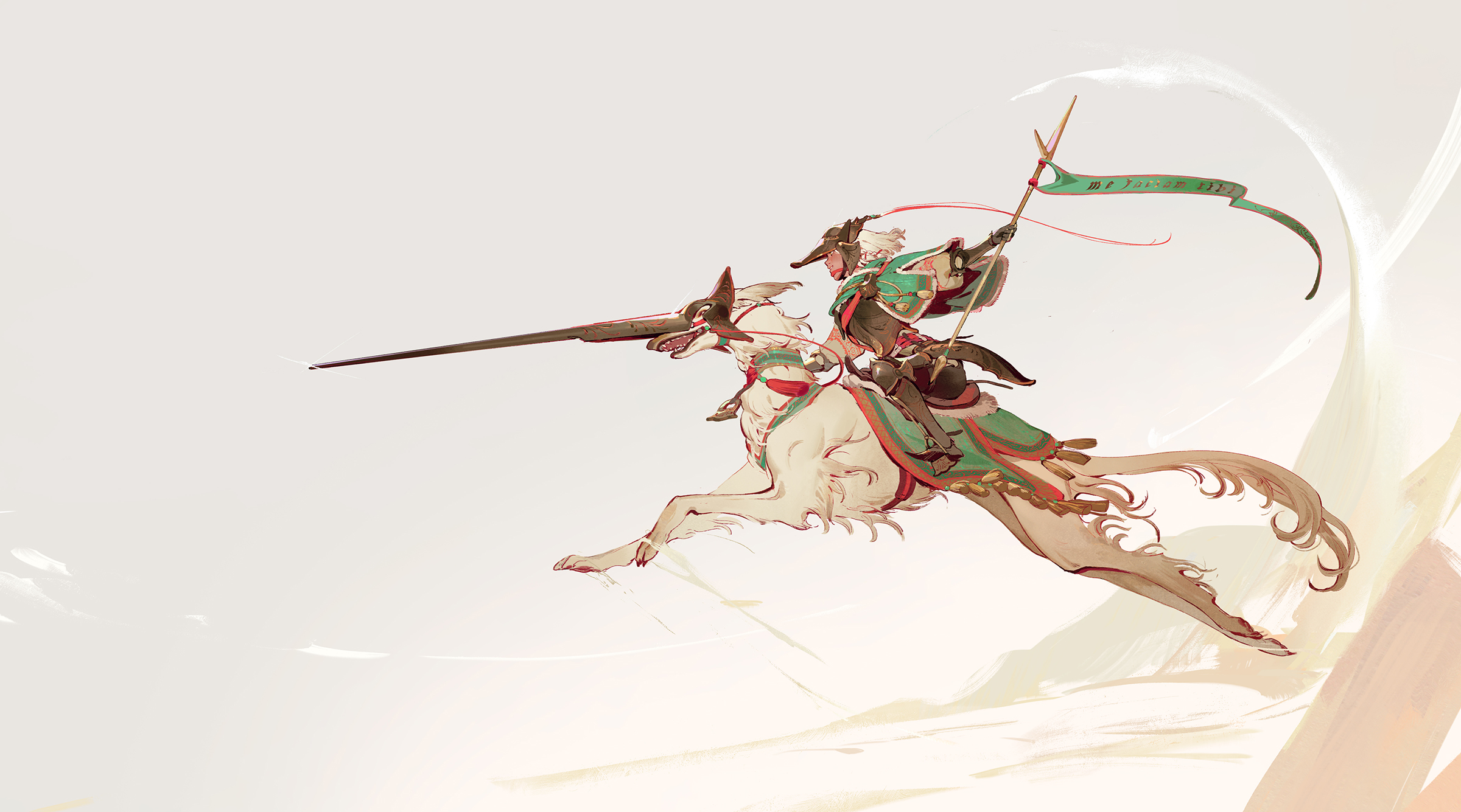 Anime 2400x1335 horse knight minimalism anime girls creature armor weapon smiling simple background flag