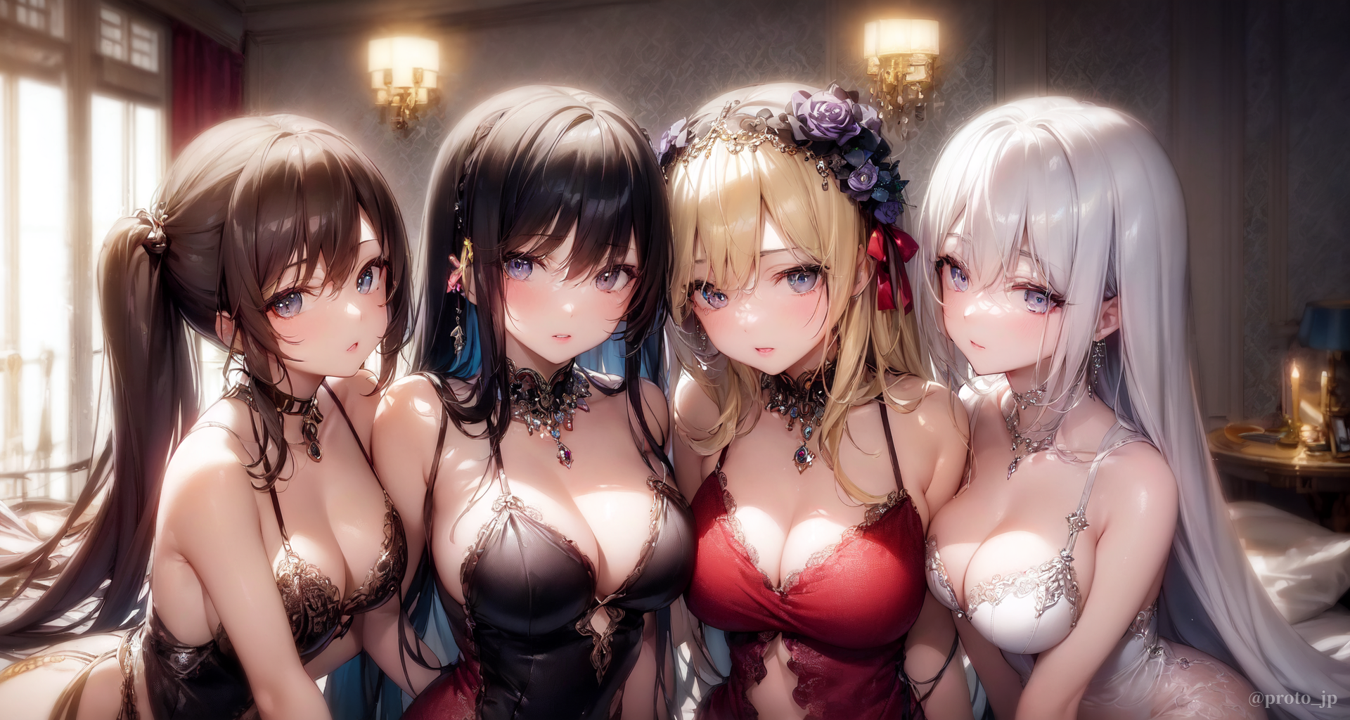 Anime 1920x1024 AI art PROTO@AiArt Pixiv harem group of women anime girls cleavage big boobs choker looking at viewer long hair jewelry candles flower in hair dress earring line-up