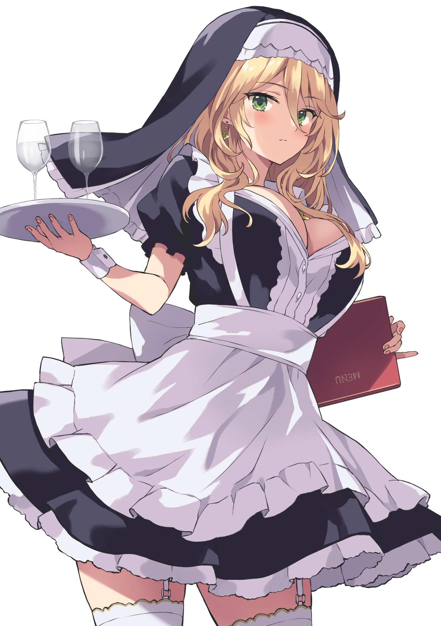 Anime 1478x2100 anime girls portrait display maid maid outfit big boobs stockings garter straps looking at viewer blonde green eyes earring wine glass minimalism white background
