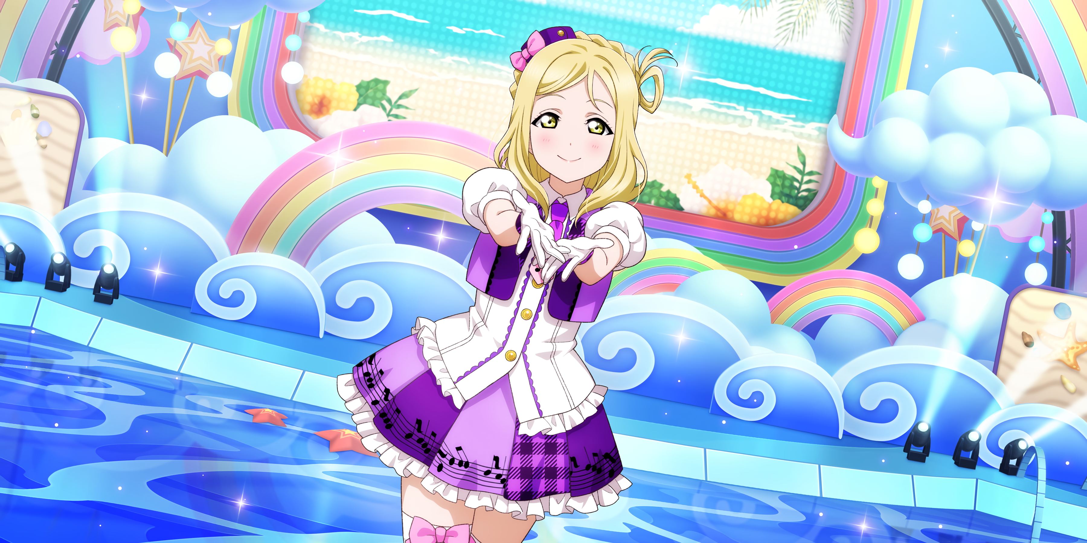 Anime 3600x1800 Ohara Mari Love Live! Sunshine Love Live! anime anime girls gloves smiling looking at viewer stages stage light stars uniform musical notes