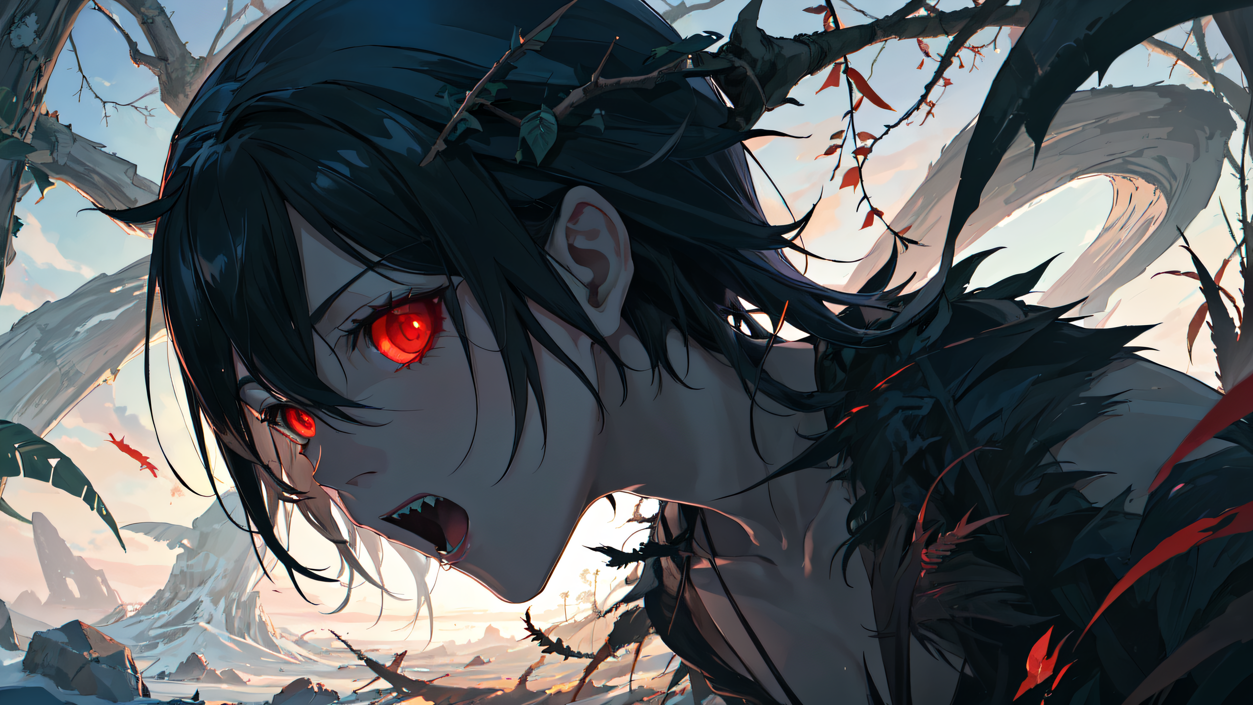 Anime 2560x1440 red eyes monster girl black hair shark teeth AI art anime girls looking at viewer open mouth glowing eyes