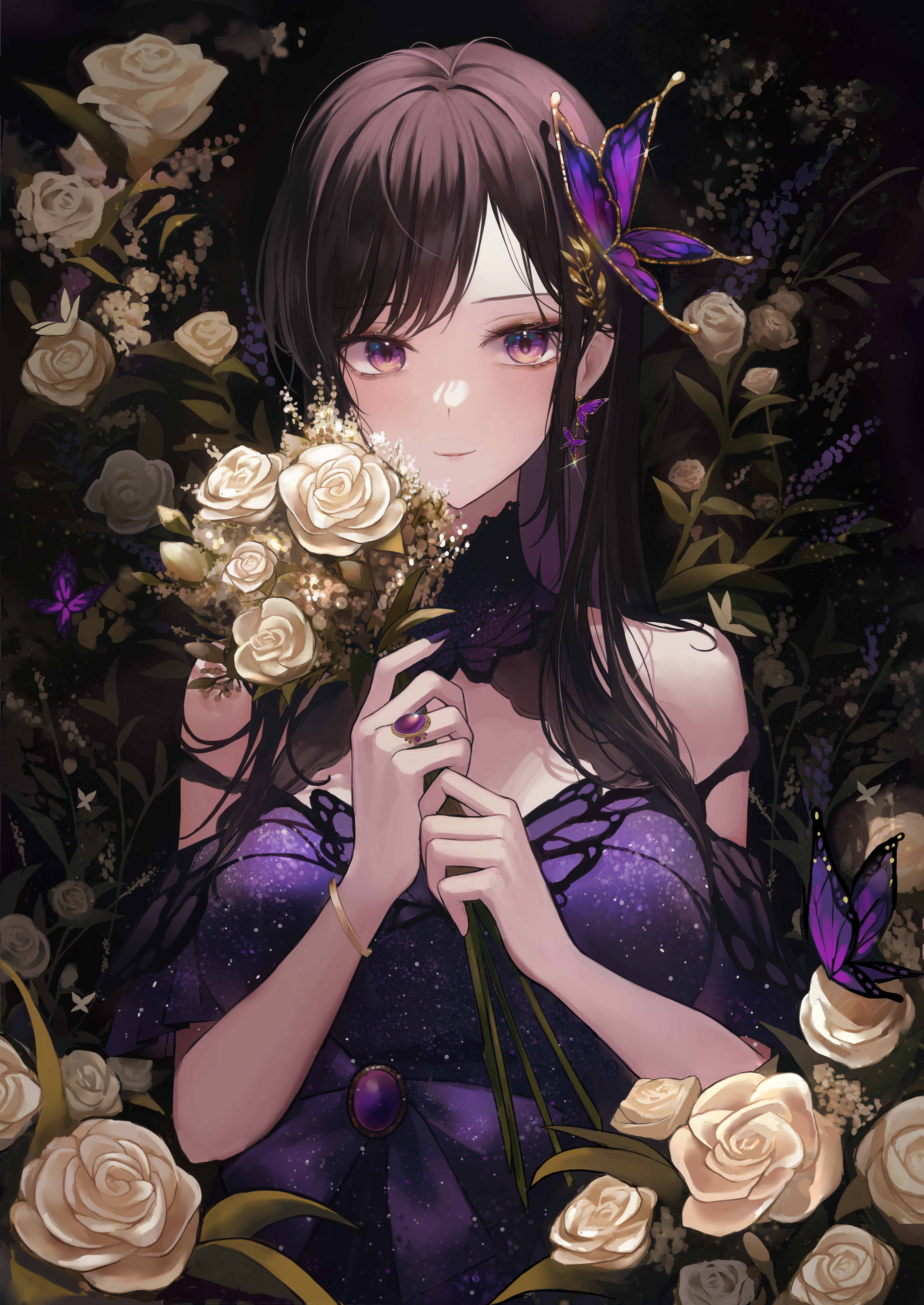 Anime 4500x6354 Yuna Pang anime girls original characters dress purple clothing blushing purple eyes bare shoulders looking at viewer earring long hair black hair hair ornament bouquet leaves black background jewelry strapless dress smiling white flowers portrait display rings purple dress butterfly flowers closed mouth