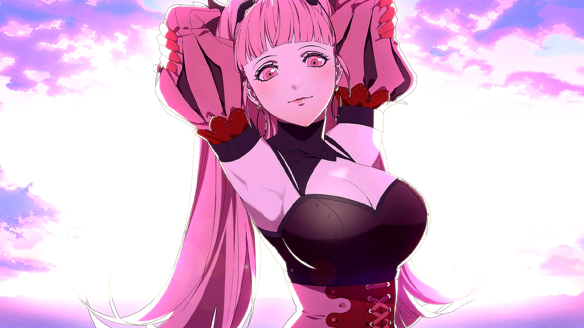 Anime 1920x1080 Fire Emblem Hilda fire emblem three houses arm(s) behind head armpits looking at viewer blushing anime girls cleavage big boobs long hair earring hoop earrings cleavage cutout pink hair smiling bright clouds