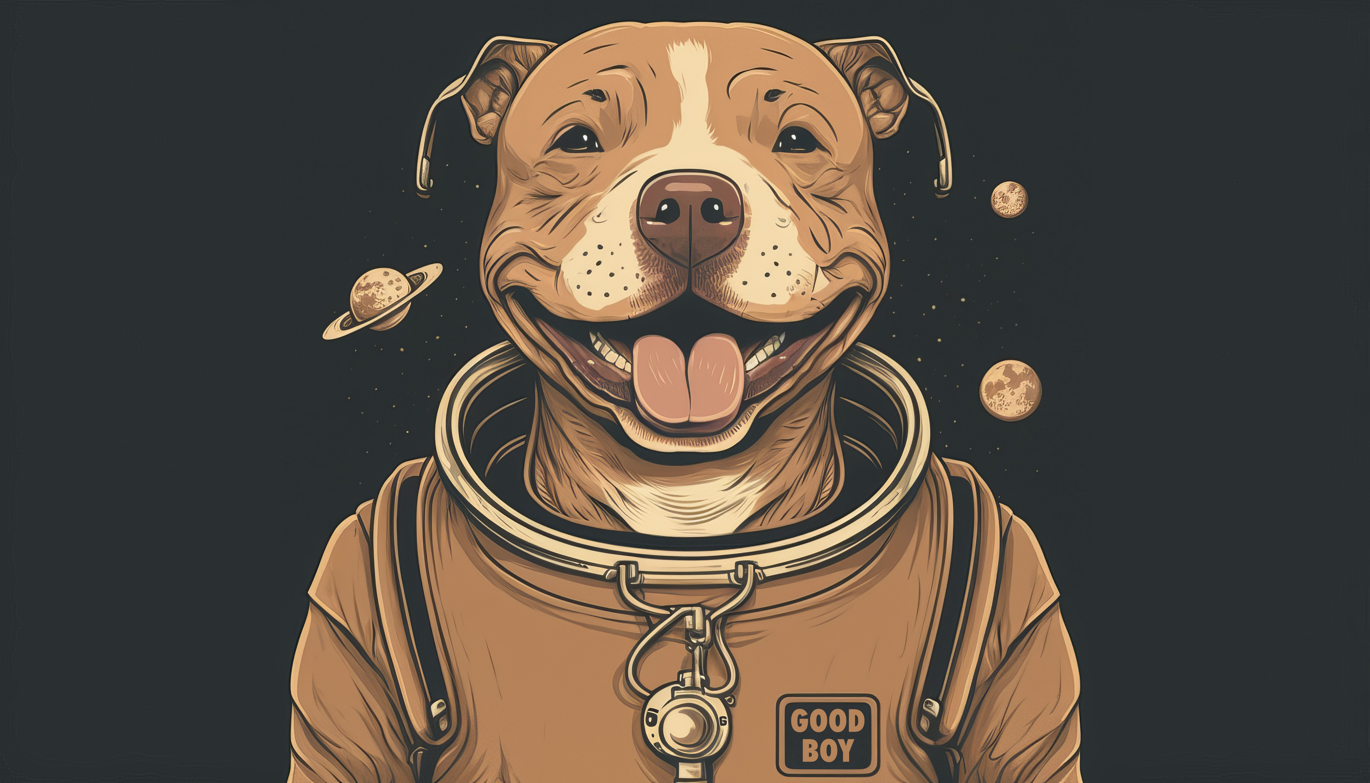 General 4579x2616 AI art illustration dog pit bull astronaut planet simple background tongue out animals bodysuit looking at viewer