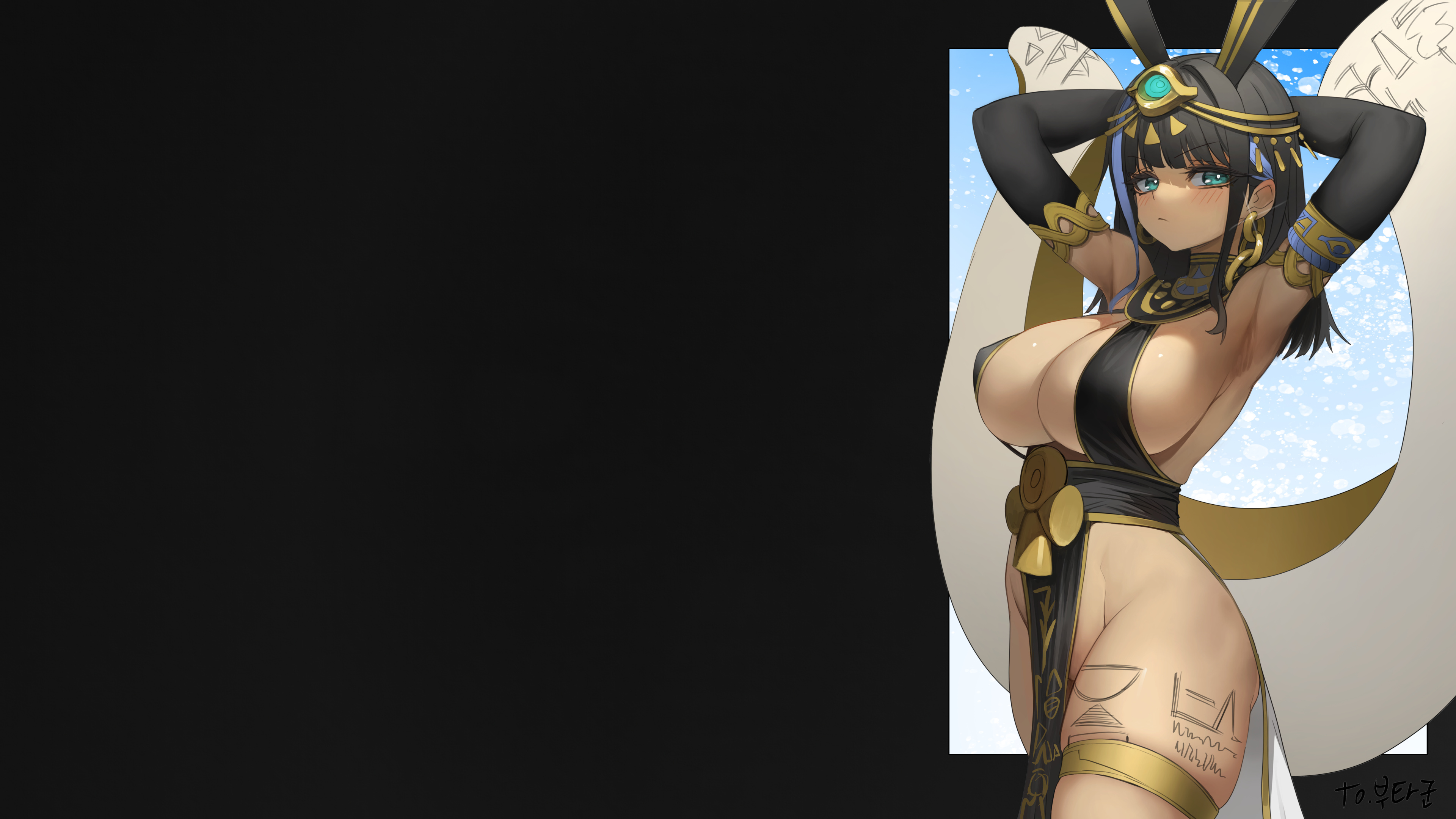 Anime 3840x2160 Egyptian mythology gloves animal ears cleavage thigh strap circlet large earrings sideboob dark background armpits simple background thighs minimalism big boobs two tone hair elbow gloves blushing looking at viewer anime girls