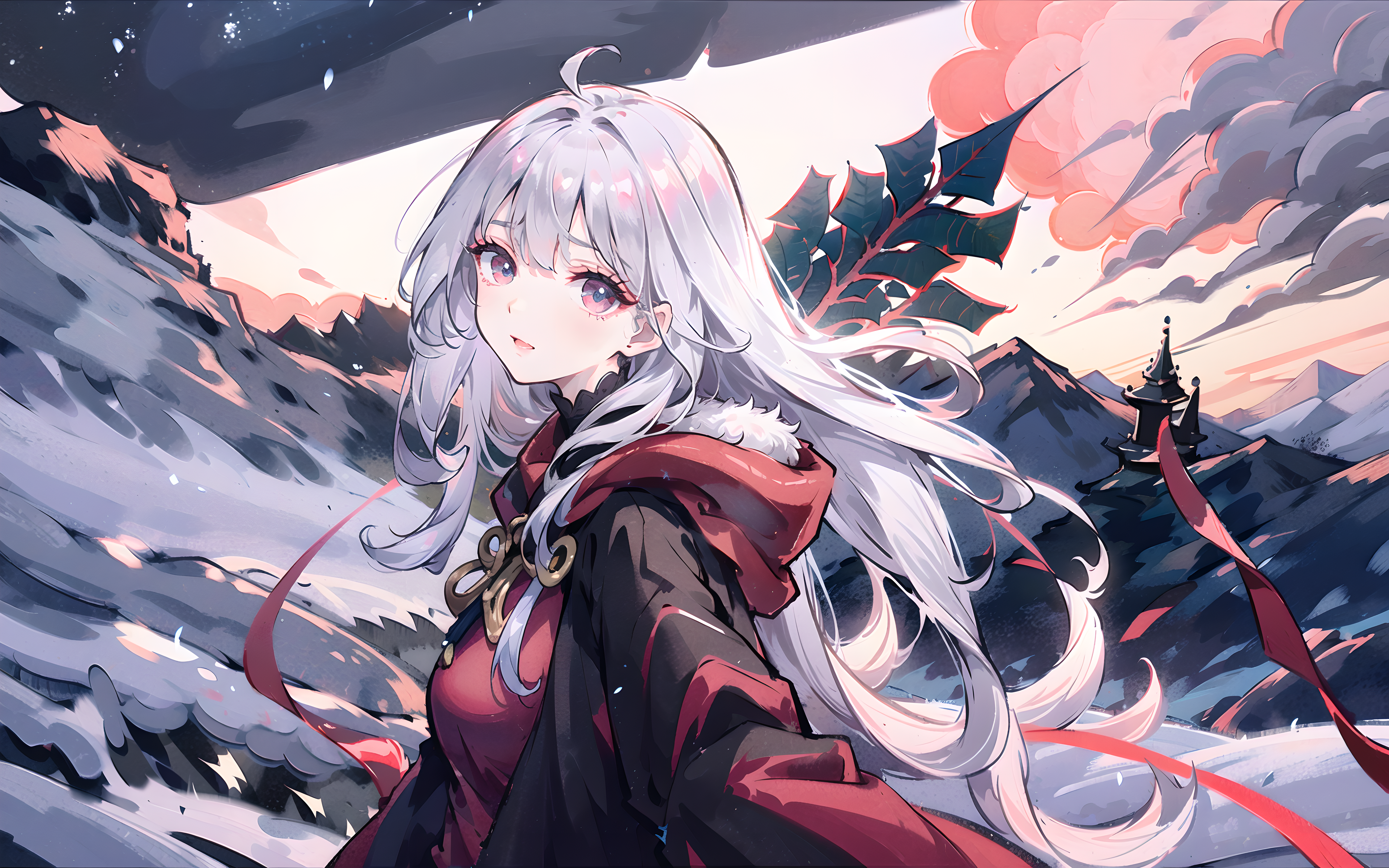 Anime 3840x2400 AI art looking at viewer silver hair anime girls snow clouds long hair ahoge