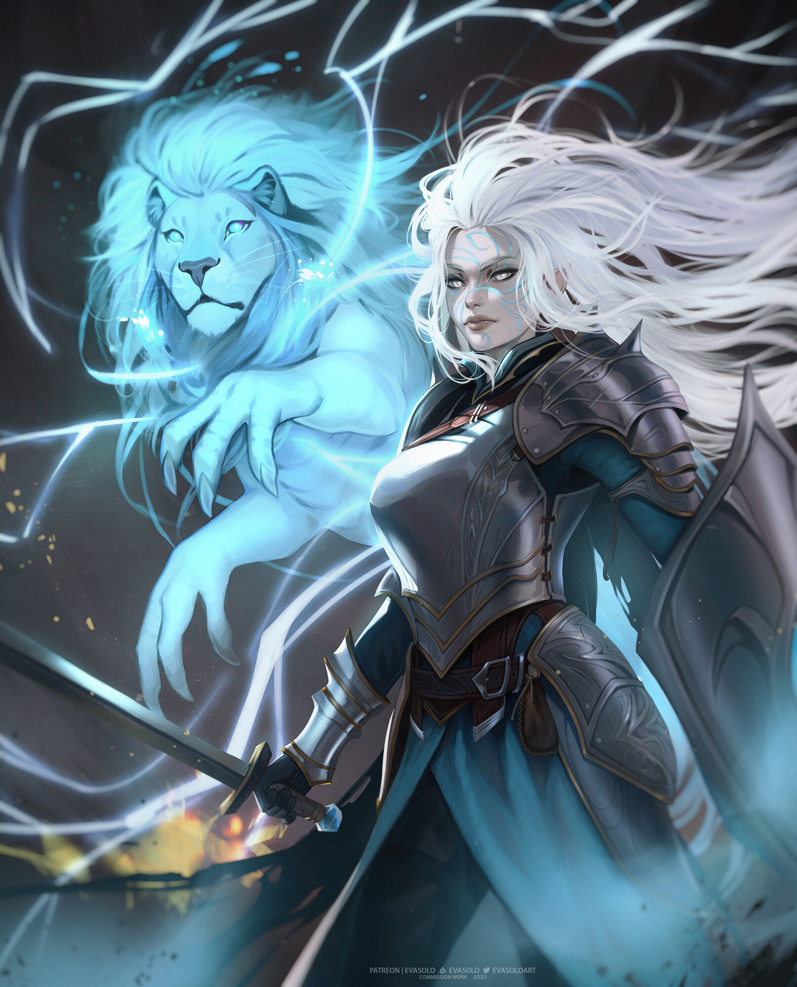 General 1614x2000 Eva Solo drawing women silver hair warrior lion magic shield armor portrait display looking at viewer long hair weapon animals lightning
