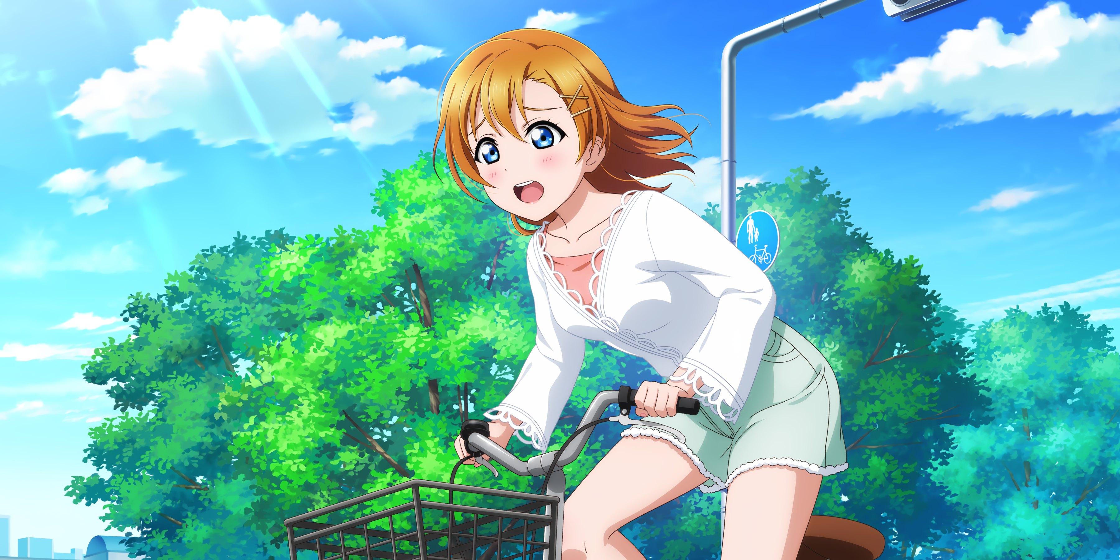 Anime 3600x1800 Kousaka Honoka Love Live! anime girls anime sunlight bicycle clouds sky short hair short shorts trees blushing