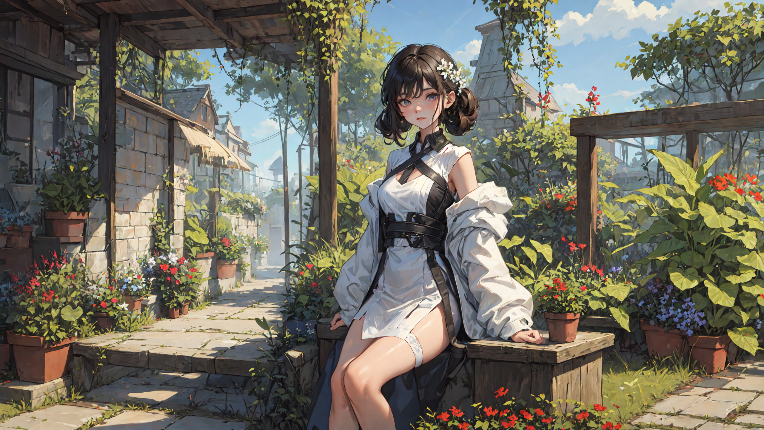 Anime 2560x1440 AI art women garden plants flowers leaves black hair twintails blue eyes white coat anime girls looking at viewer flower in hair