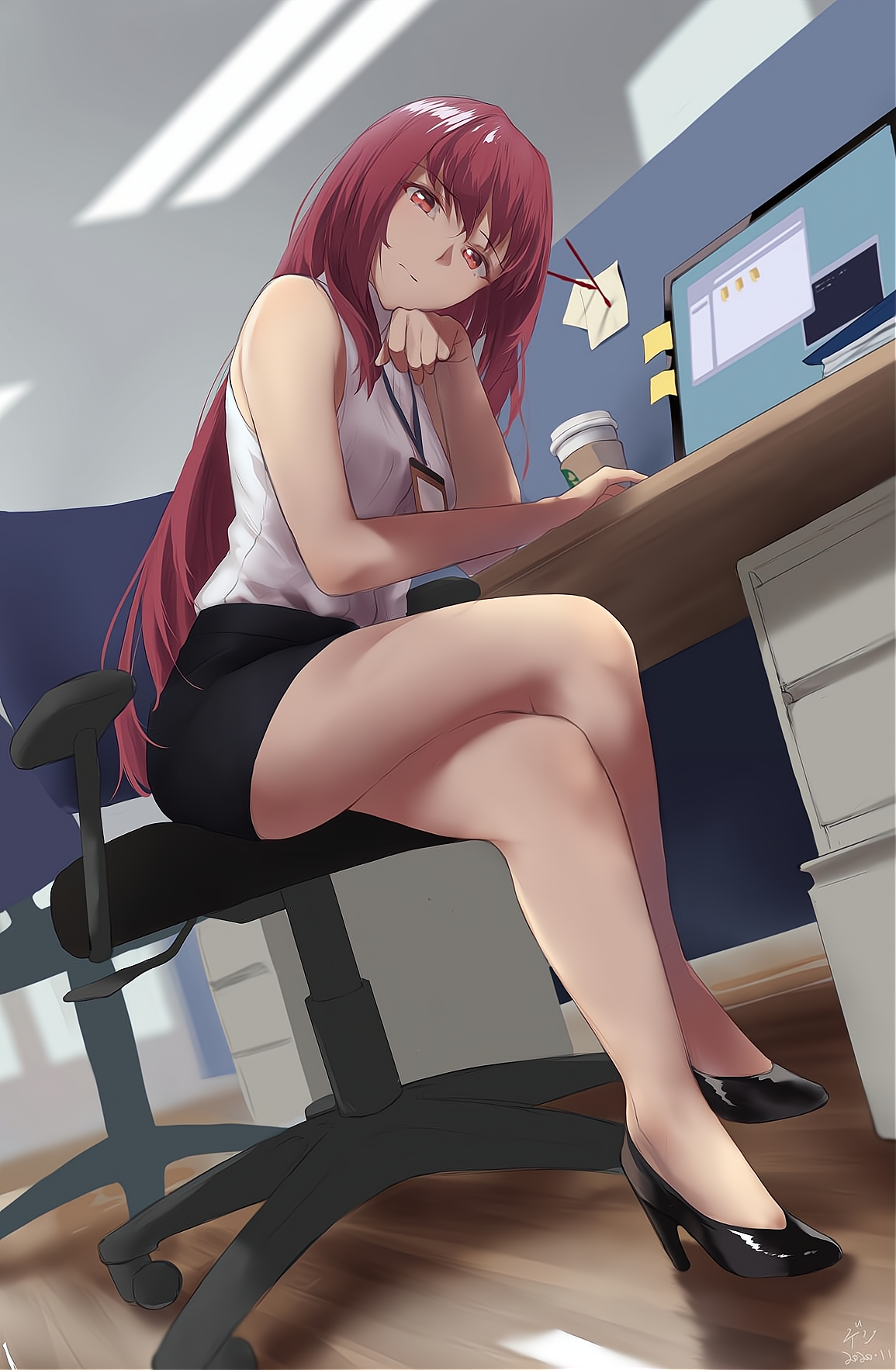 Anime 1155x1766 women women indoors redhead red eyes coffee office girl heels