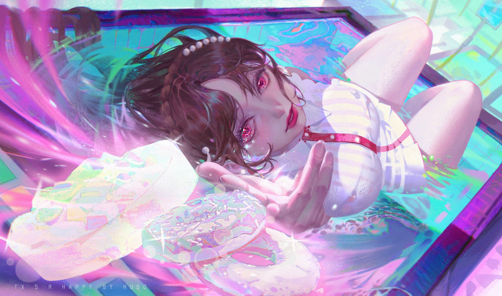 Anime 1695x1000 anime girls artwork digital art water donut sweets red eyes